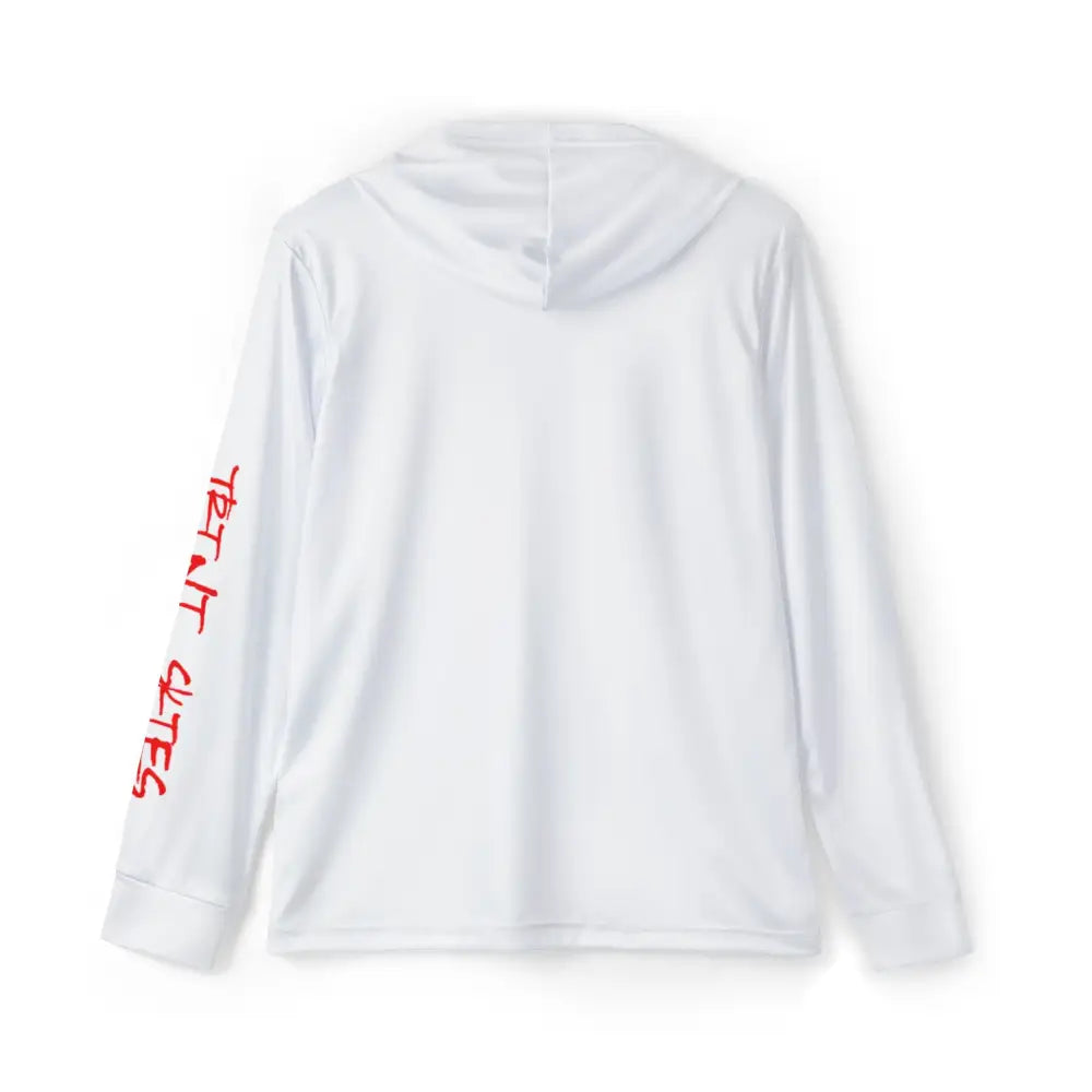 White offshore tuna fishing performance hoodie with red sleeve text – angler long sleeve