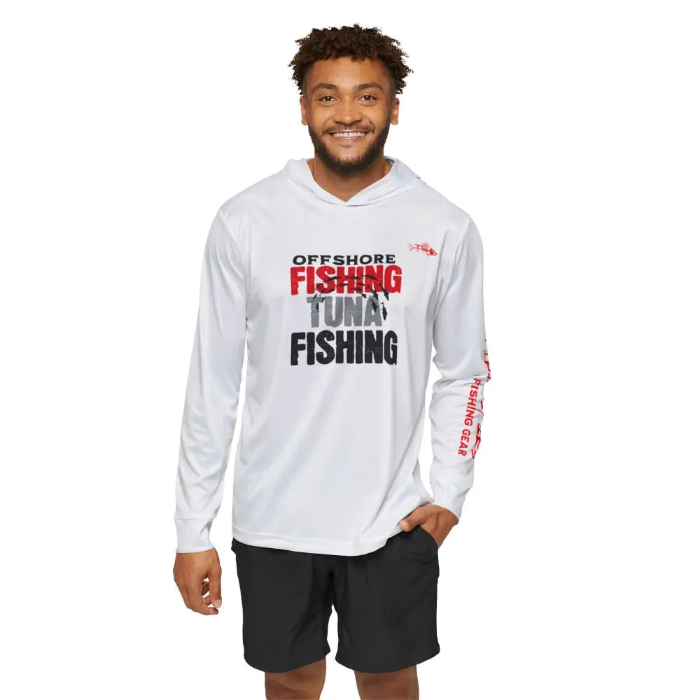 White offshore tuna fishing performance hoodie on model – unisex long sleeve angler shirt