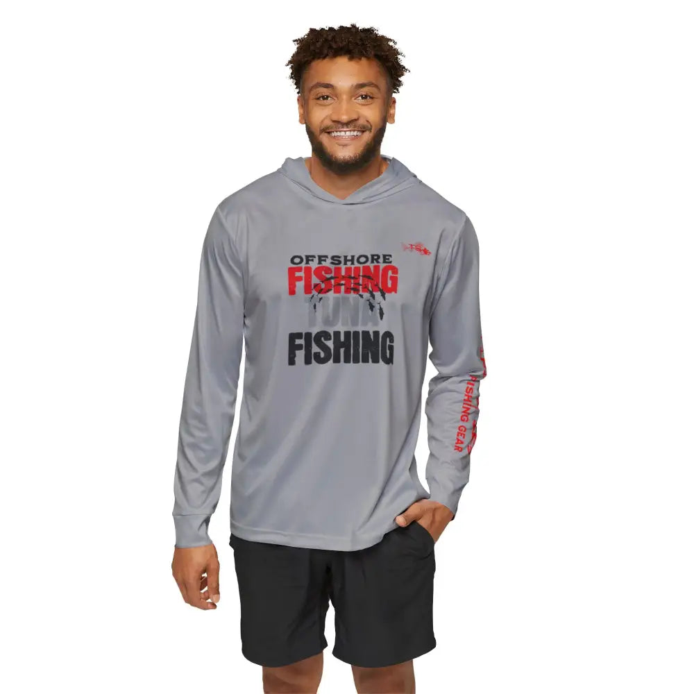 Grey offshore tuna fishing performance hoodie on model – unisex UV protection angler shirt