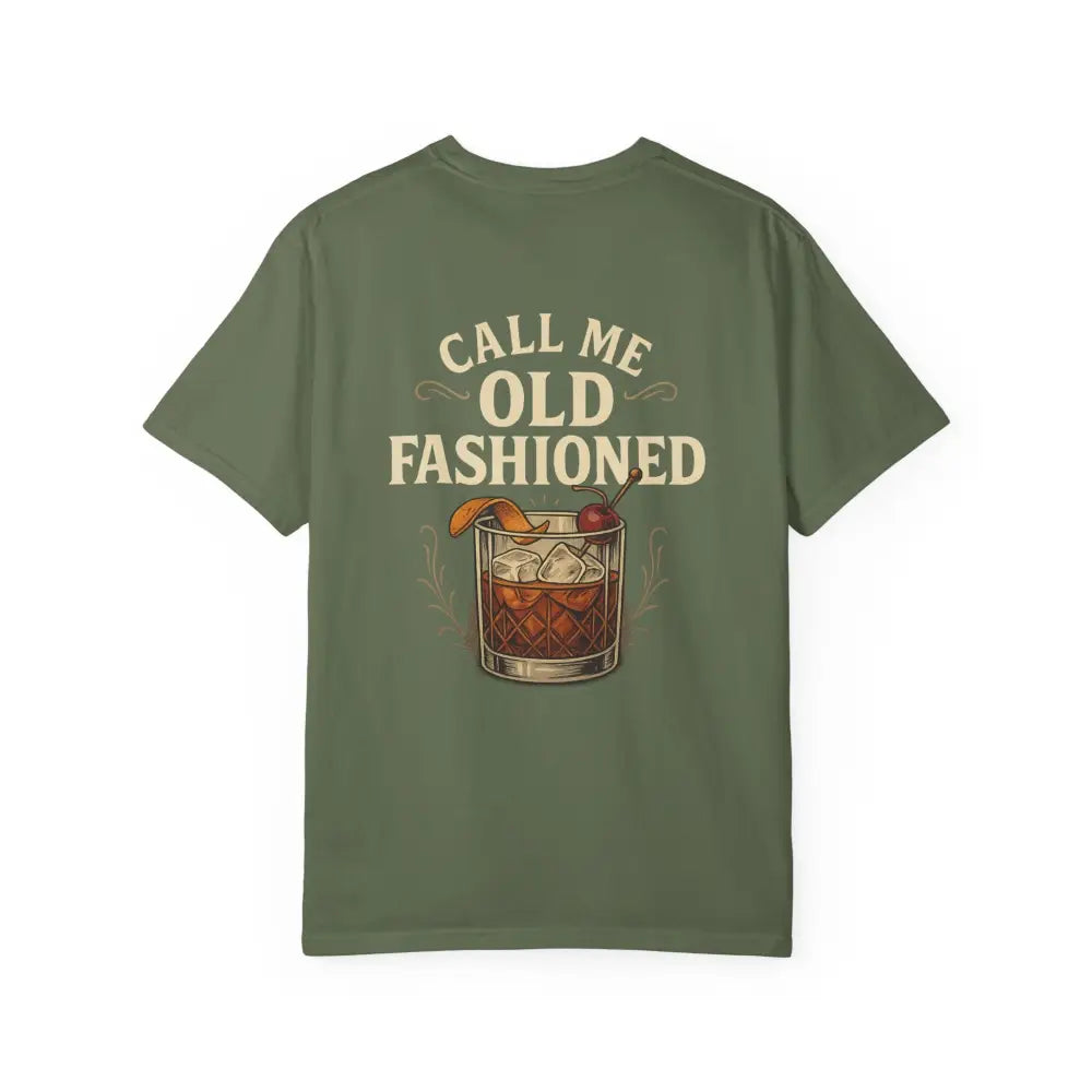 Vintage cocktail tee with Old Fashioned graphic on green shirt