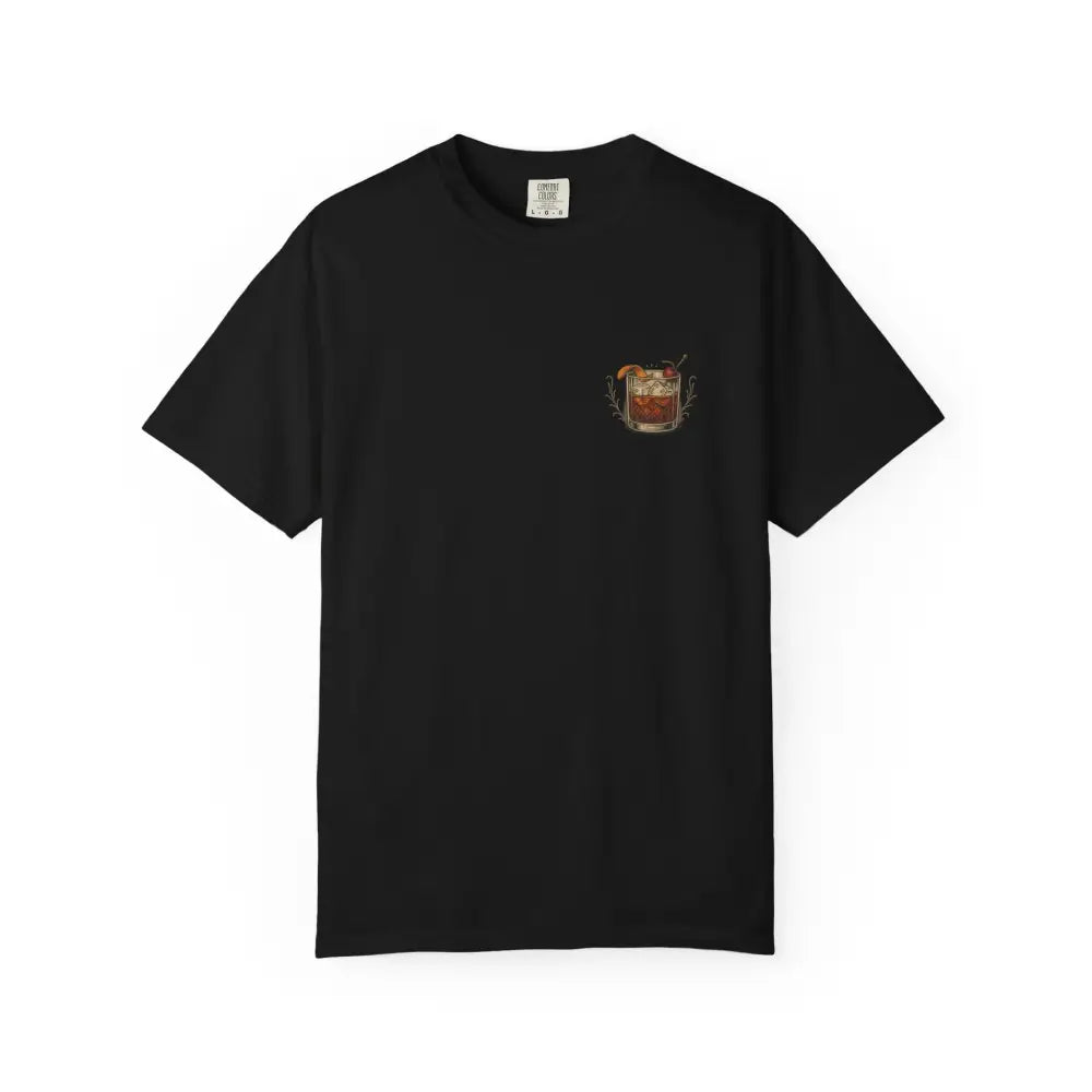 Vintage cocktail tee with Old Fashioned glass graphic on black short-sleeve shirt