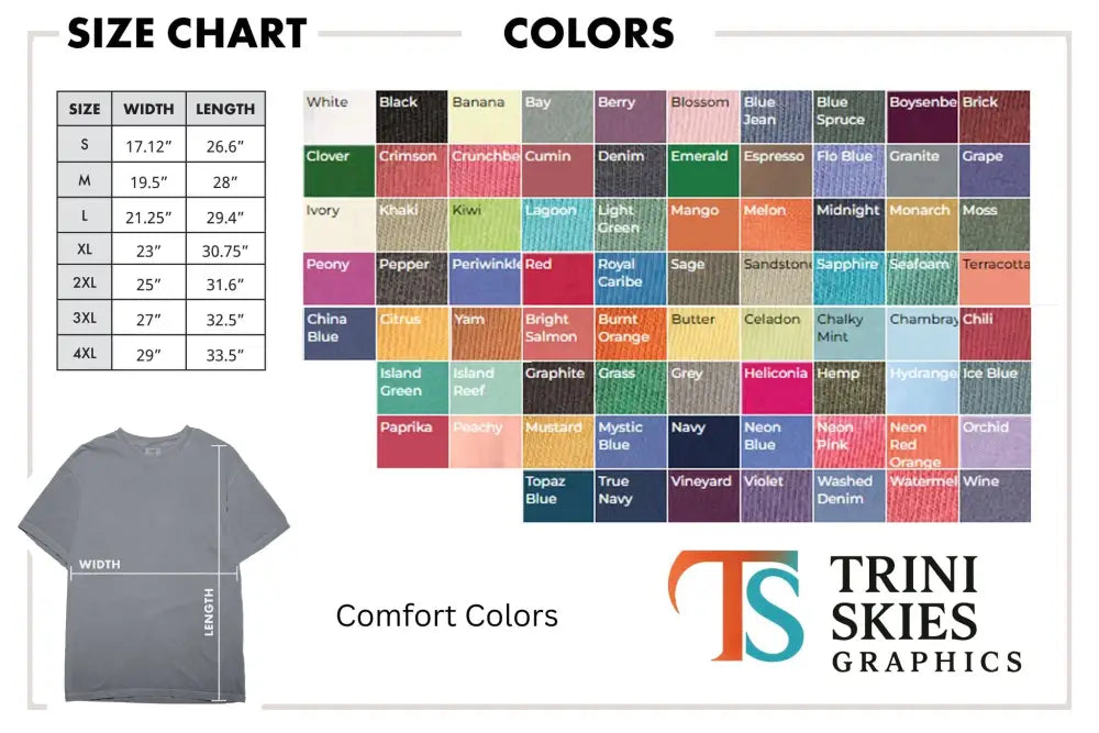 Vintage cocktail tee sizing and color chart for Old Fashioned graphic tee