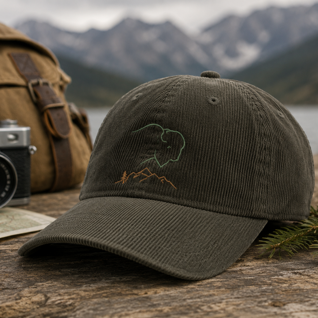 Woman wearing olive corduroy bison embroidered hat in editorial lifestyle setting — Trini Skies outdoor cap