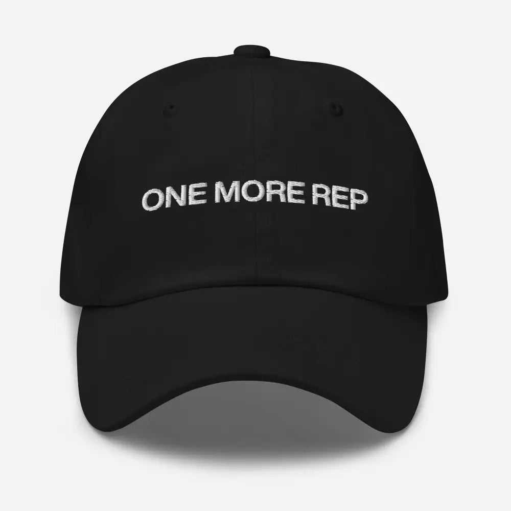 Black embroidered vintage adjustable cap with ONE MORE REP text