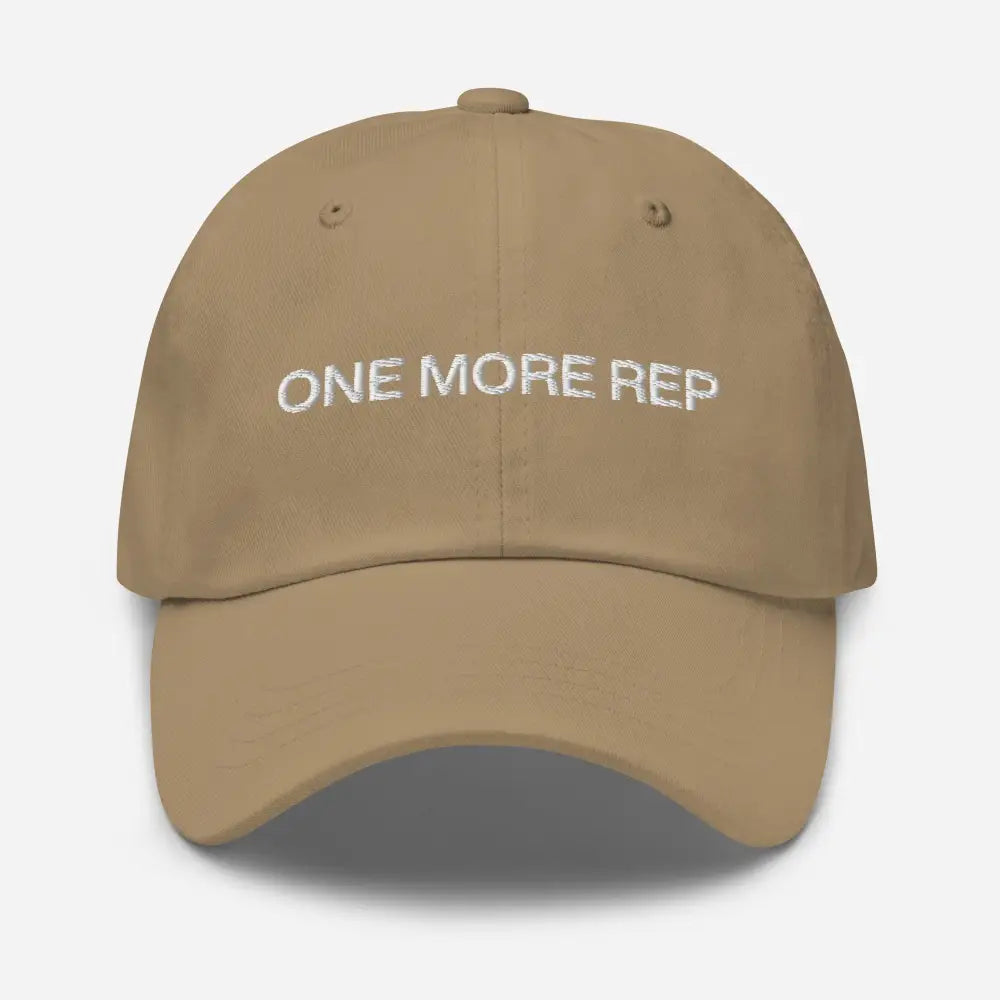 Tan embroidered corduroy cap with ONE MORE REP text vintage adjustable