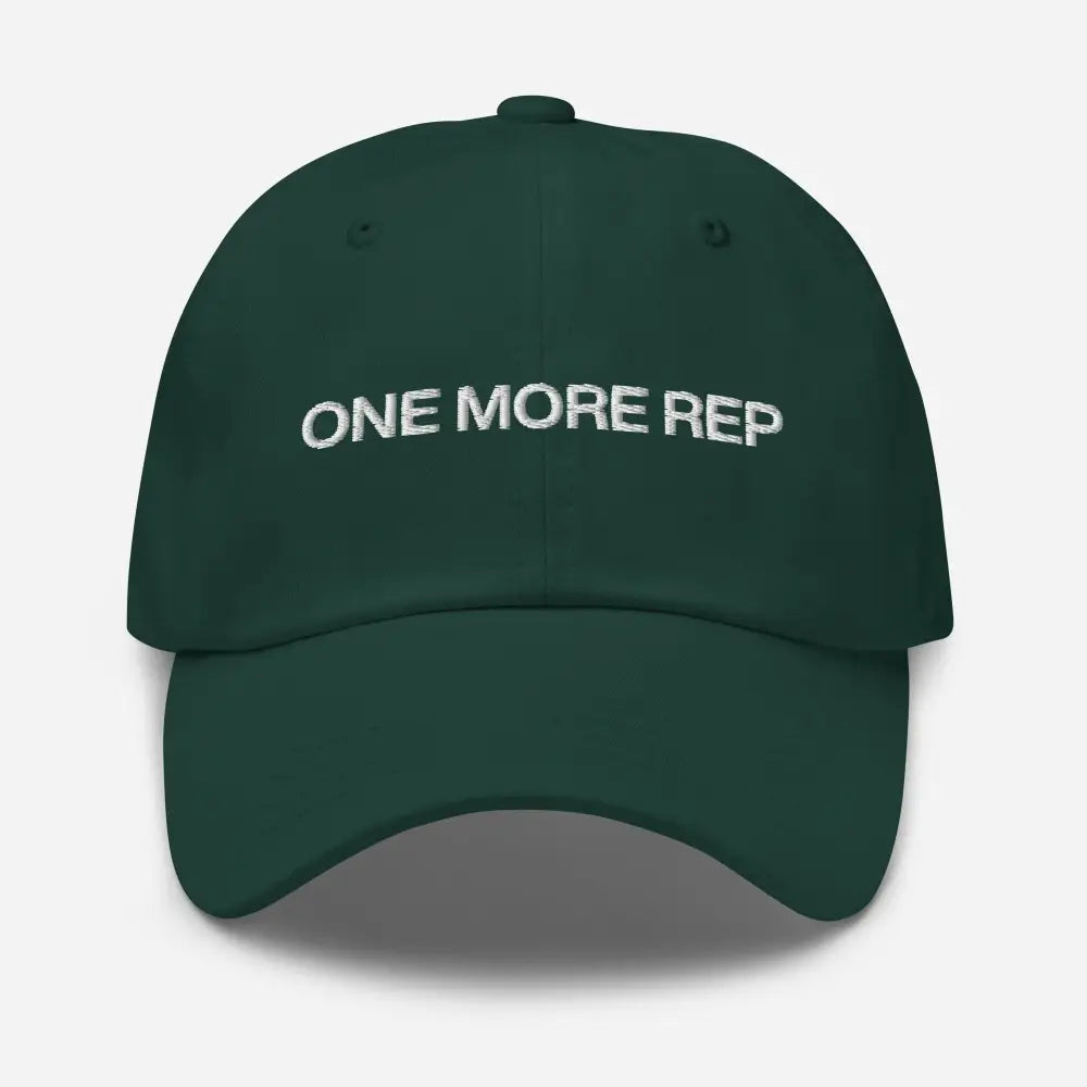 Dark green embroidered corduroy cap with One More Rep in white, vintage adjustable