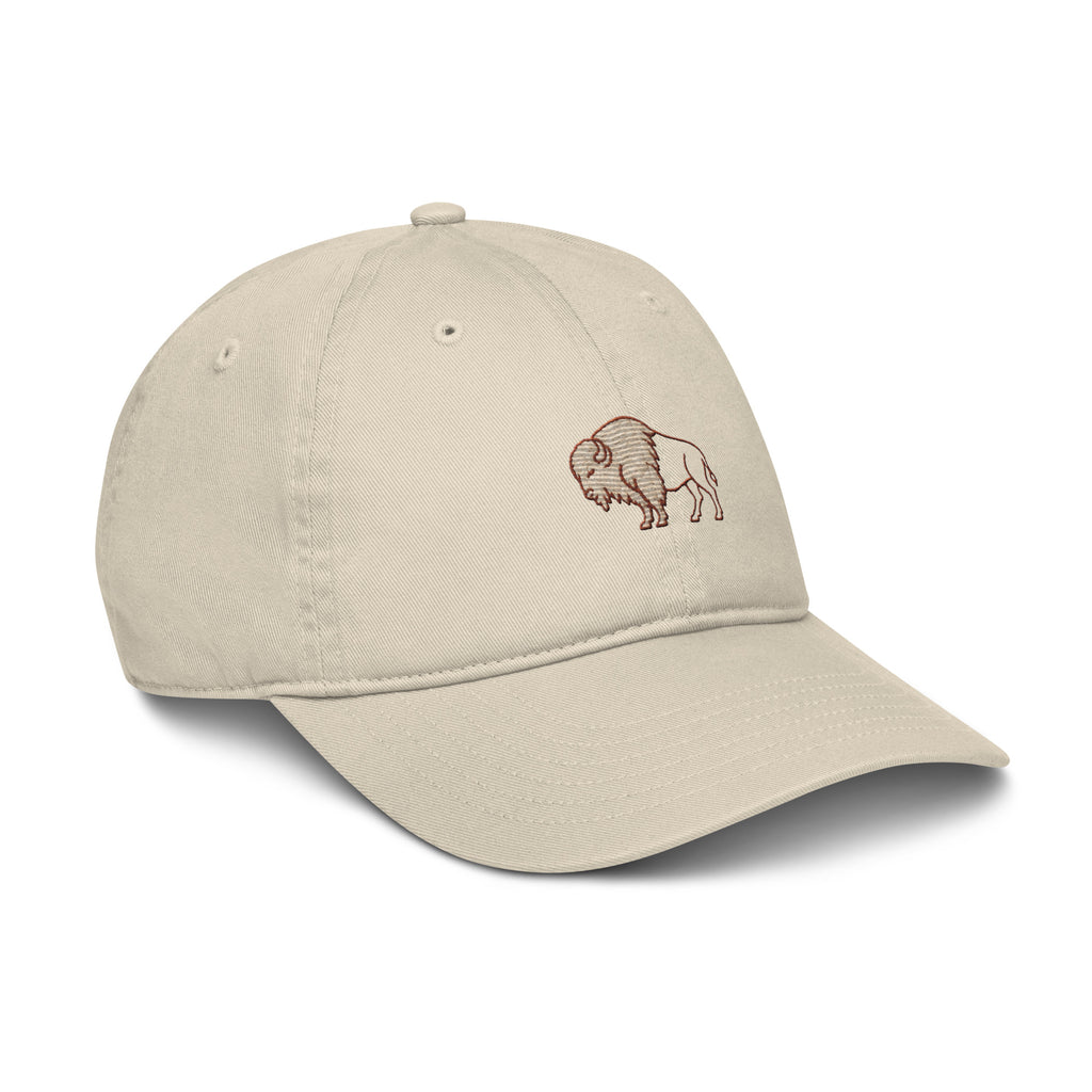 Heritage Bison Organic Cotton Hat in oyster — right front three-quarter view showing bison embroidery and self-fabric adjustable brass slider closure