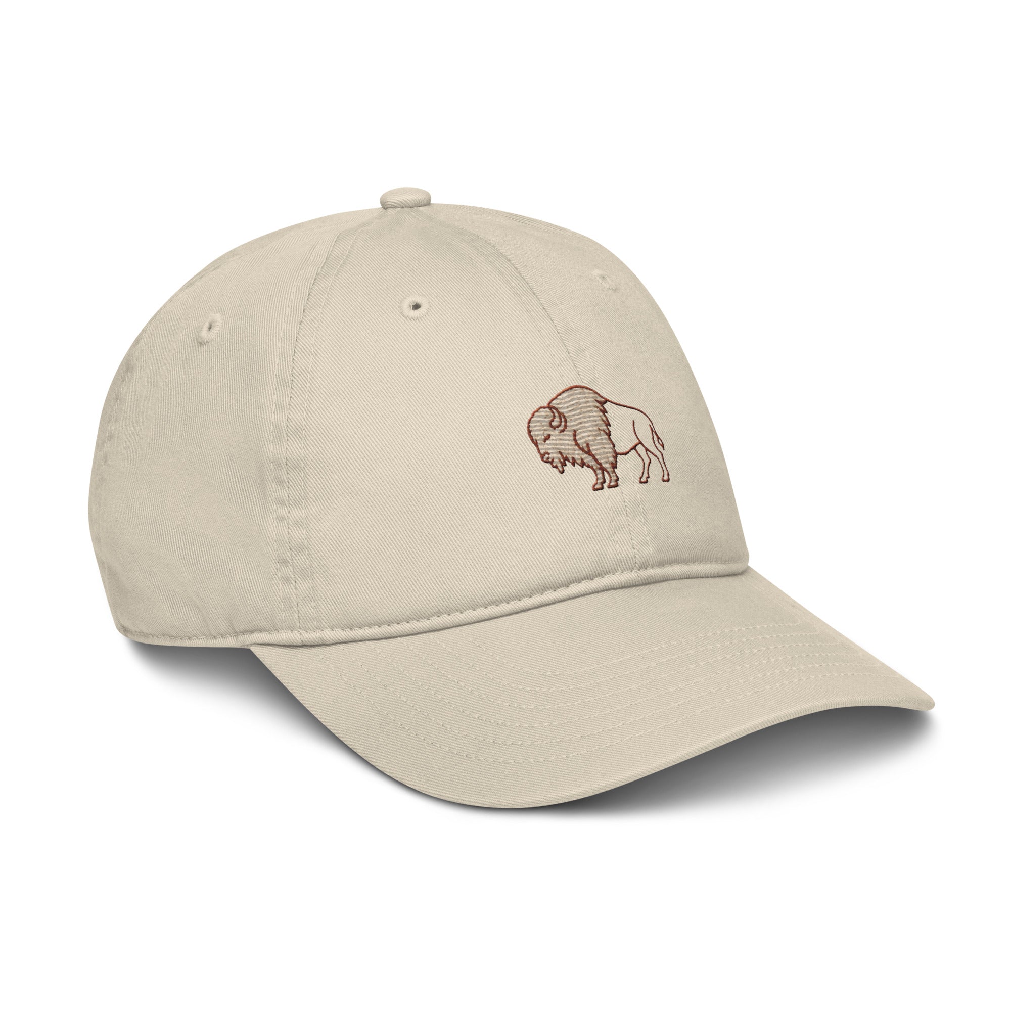 Heritage Bison Organic Cotton Hat in oyster — right front three-quarter view showing bison embroidery and self-fabric adjustable brass slider closure