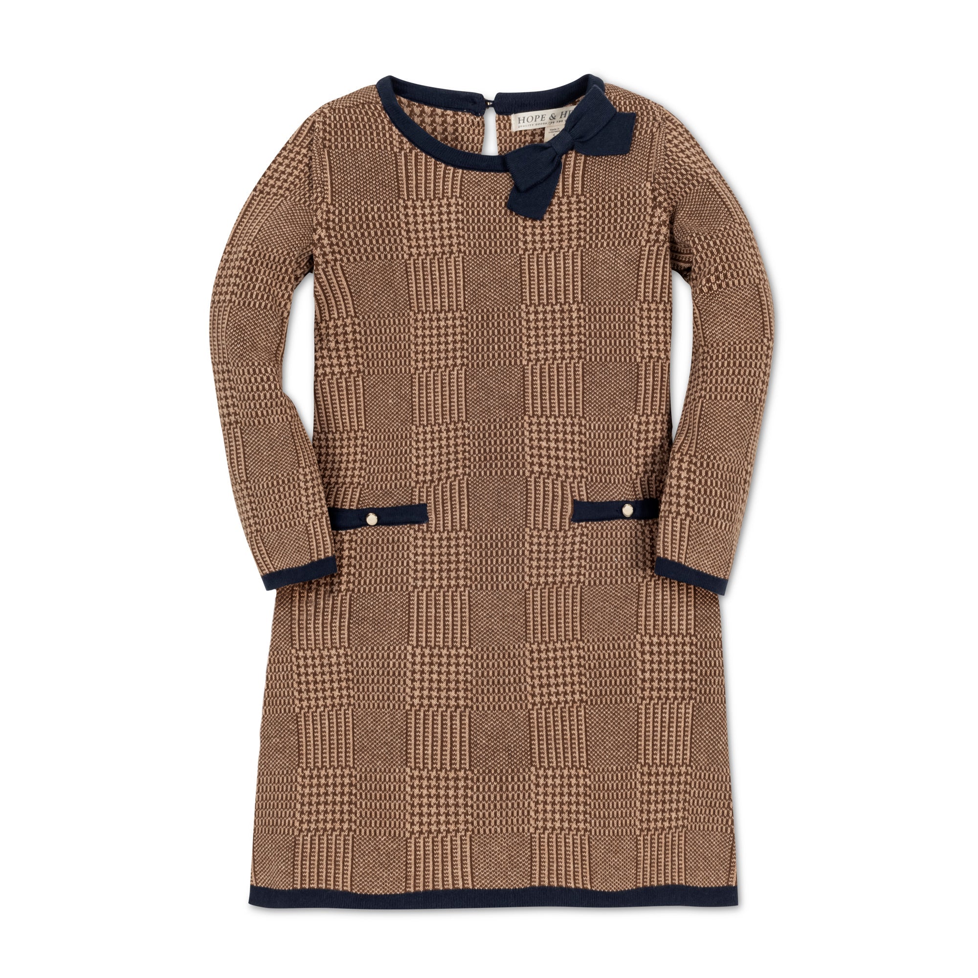 Organic Bow Sweater Dress – Girls’ A - Line Knit with Gold Buttons - Triniskies