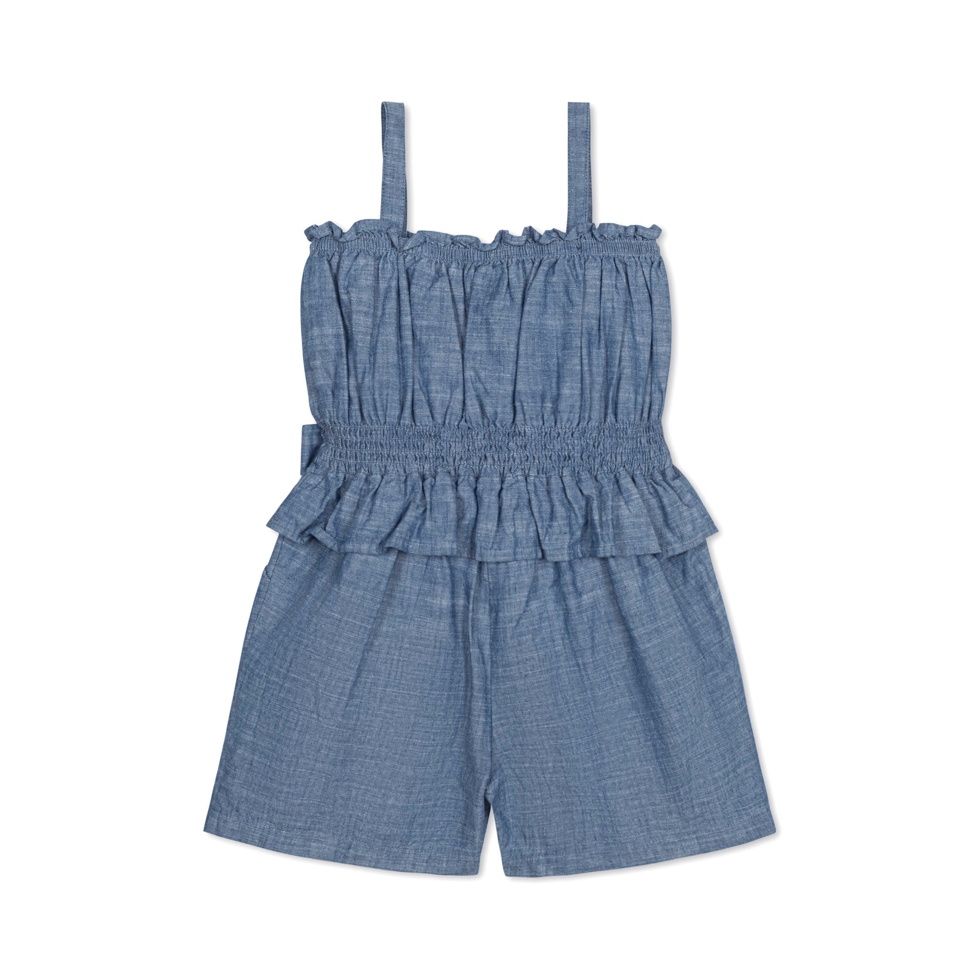 Organic Chambray Smocked Waist Romper – Blue Toddler & Girls Summer Outfit - Triniskies