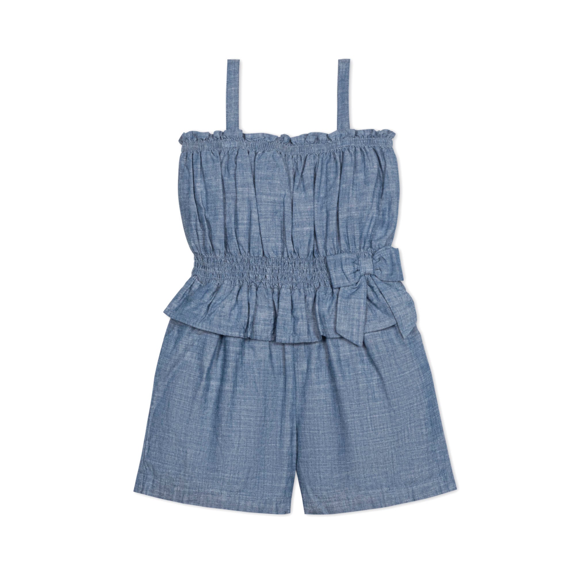 Organic Chambray Smocked Waist Romper – Blue Toddler & Girls Summer Outfit - Triniskies