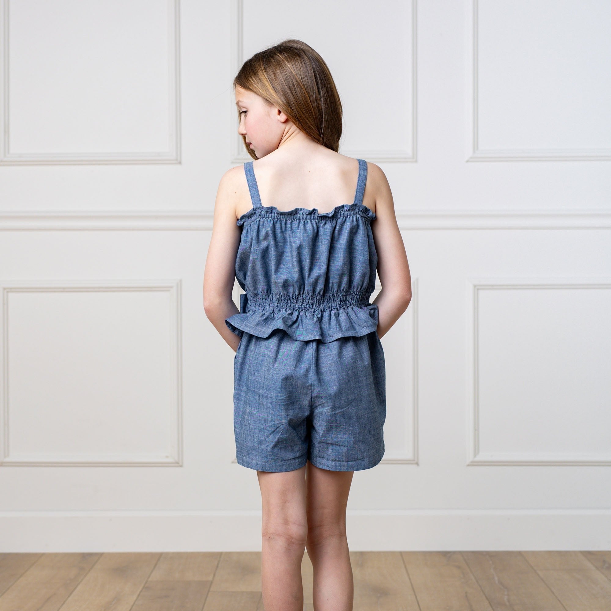 Organic Chambray Smocked Waist Romper – Blue Toddler & Girls Summer Outfit - Triniskies