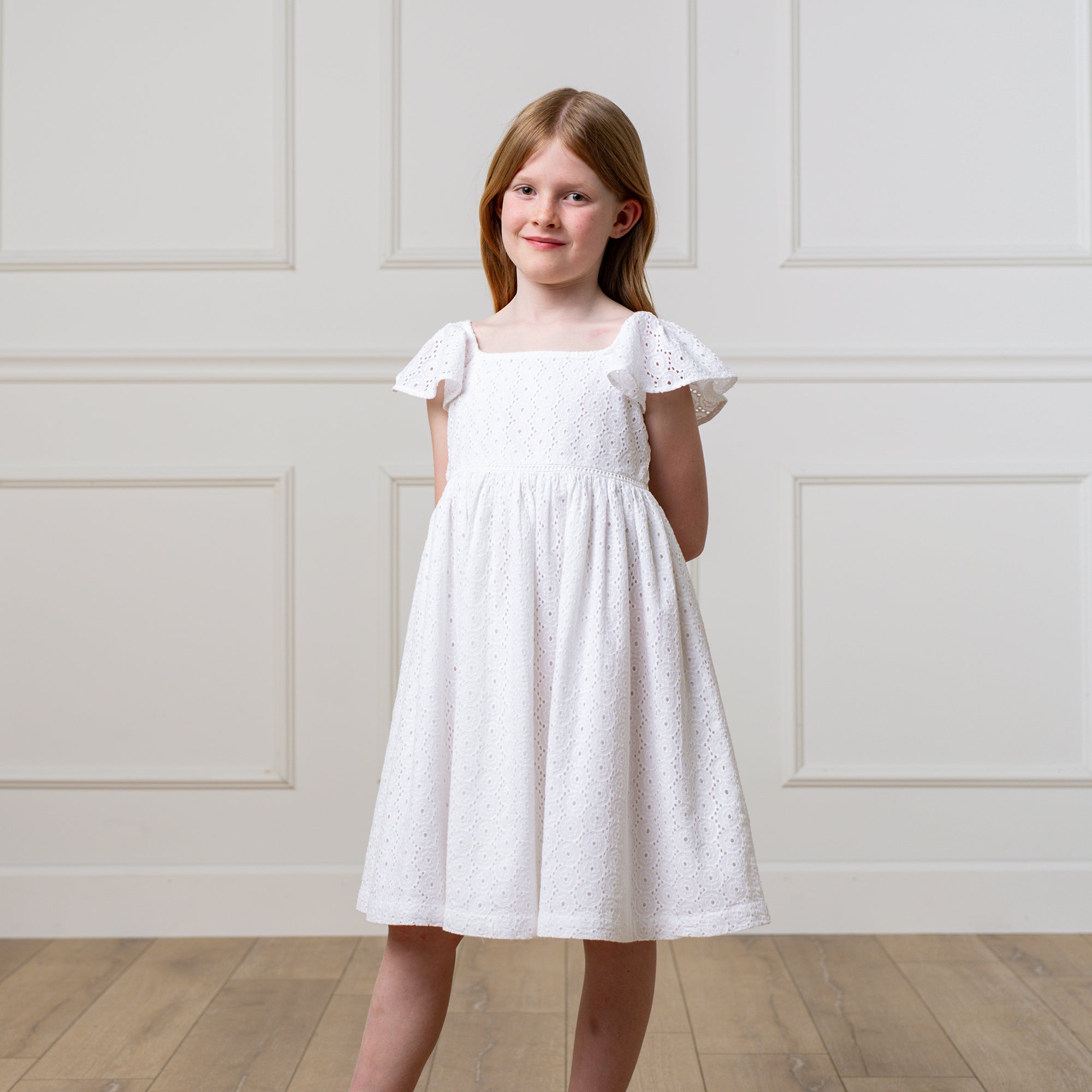 Organic Flutter Sleeve Eyelet Dress for Girls | Hope & Henry - Triniskies
