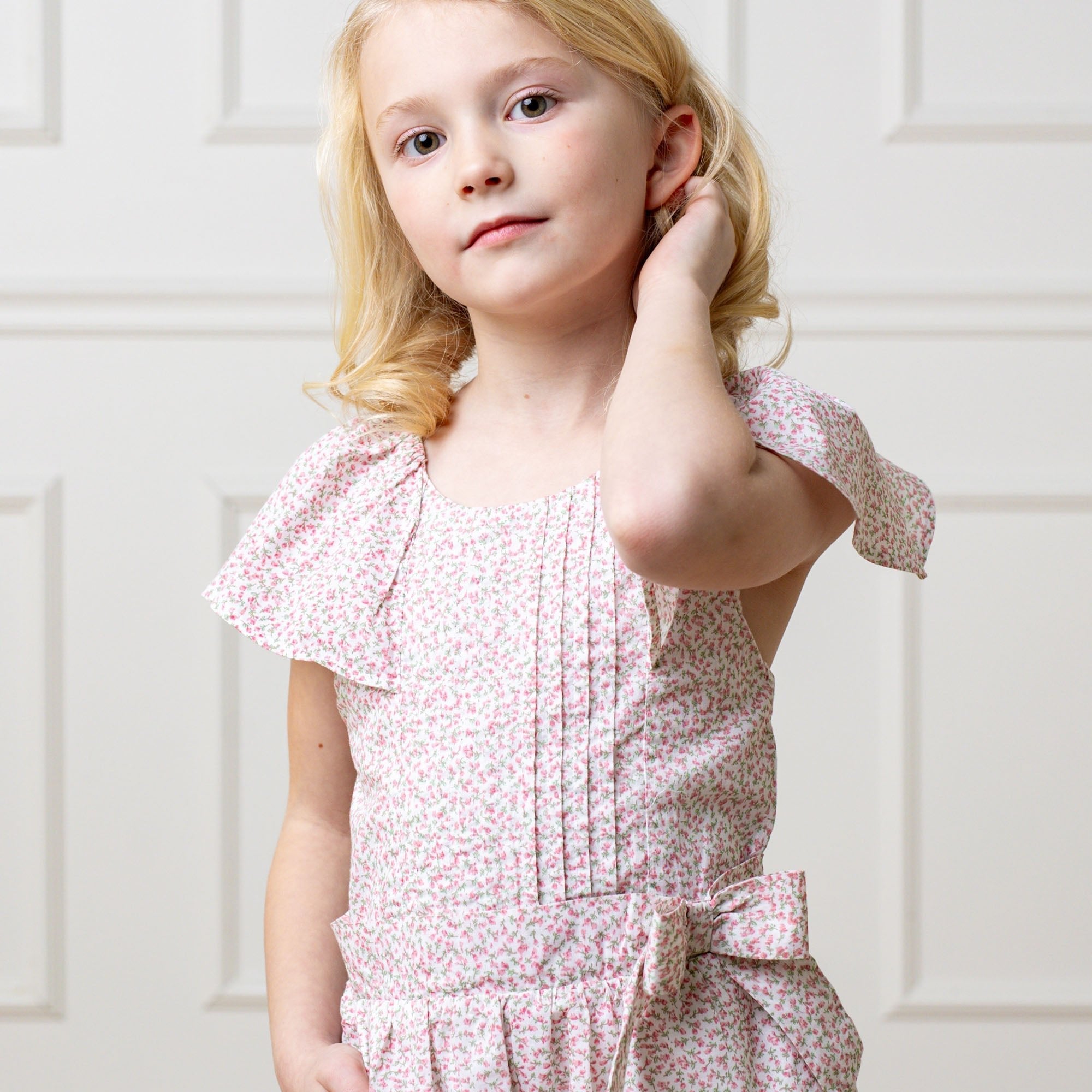 Organic Flutter Sleeve Pintuck Jumpsuit – Vintage Petal Ditsy Print | Girls’ One - Piece Outfit - Triniskies