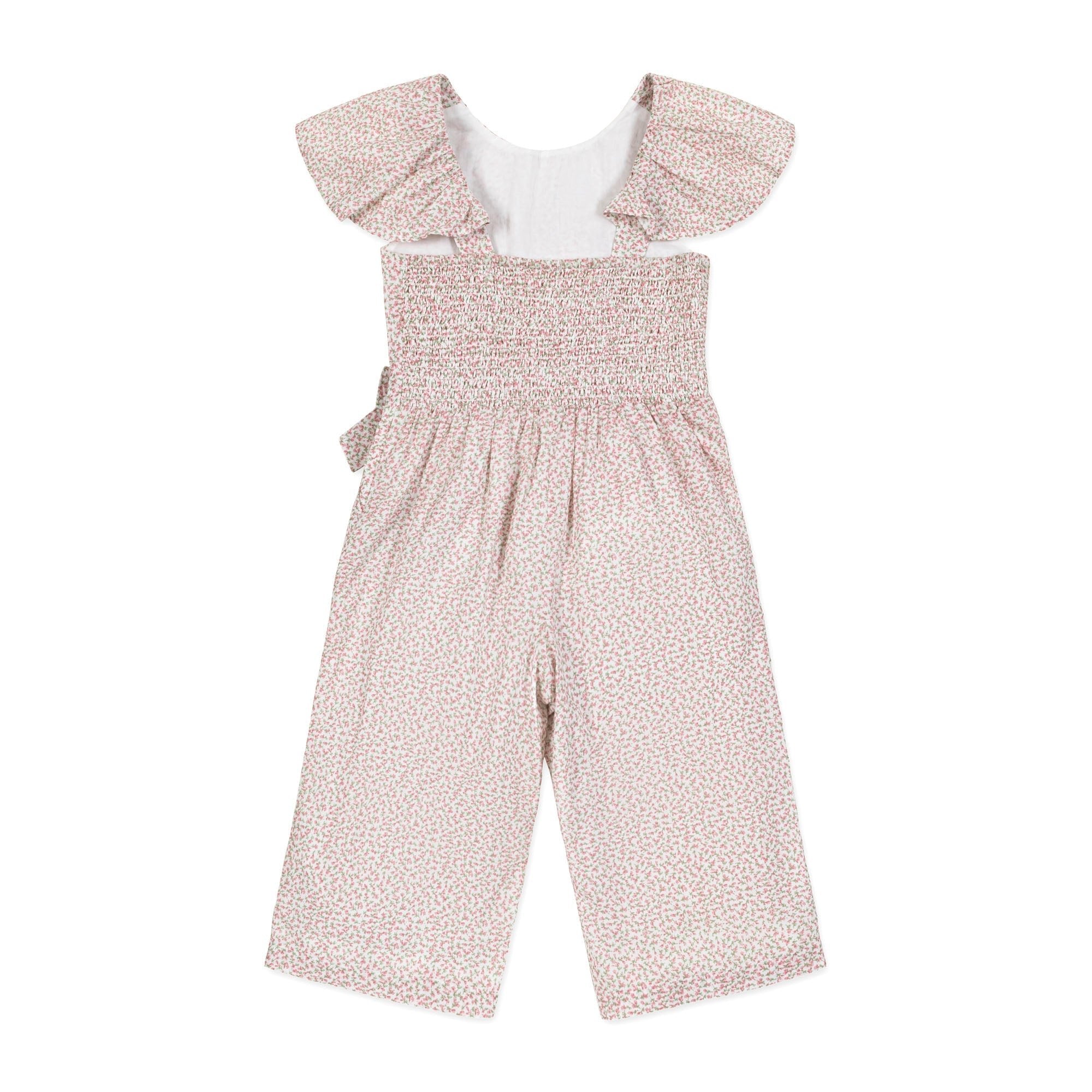 Organic Flutter Sleeve Pintuck Jumpsuit – Vintage Petal Ditsy Print | Girls’ One - Piece Outfit - Triniskies