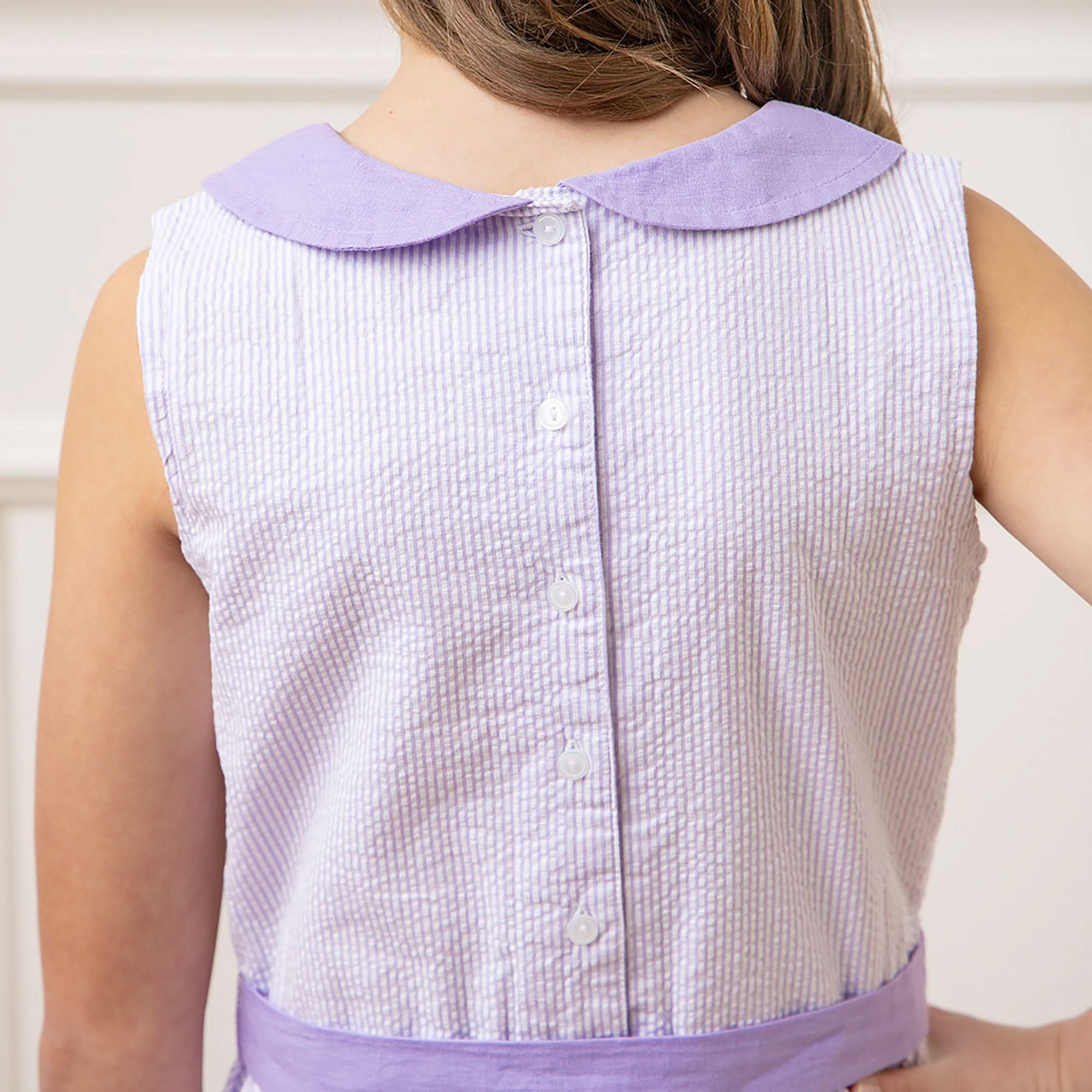 Organic Seersucker Baby Dress with Peter Pan Collar & Waist Sash – Lavender Seersucker - Triniskies
