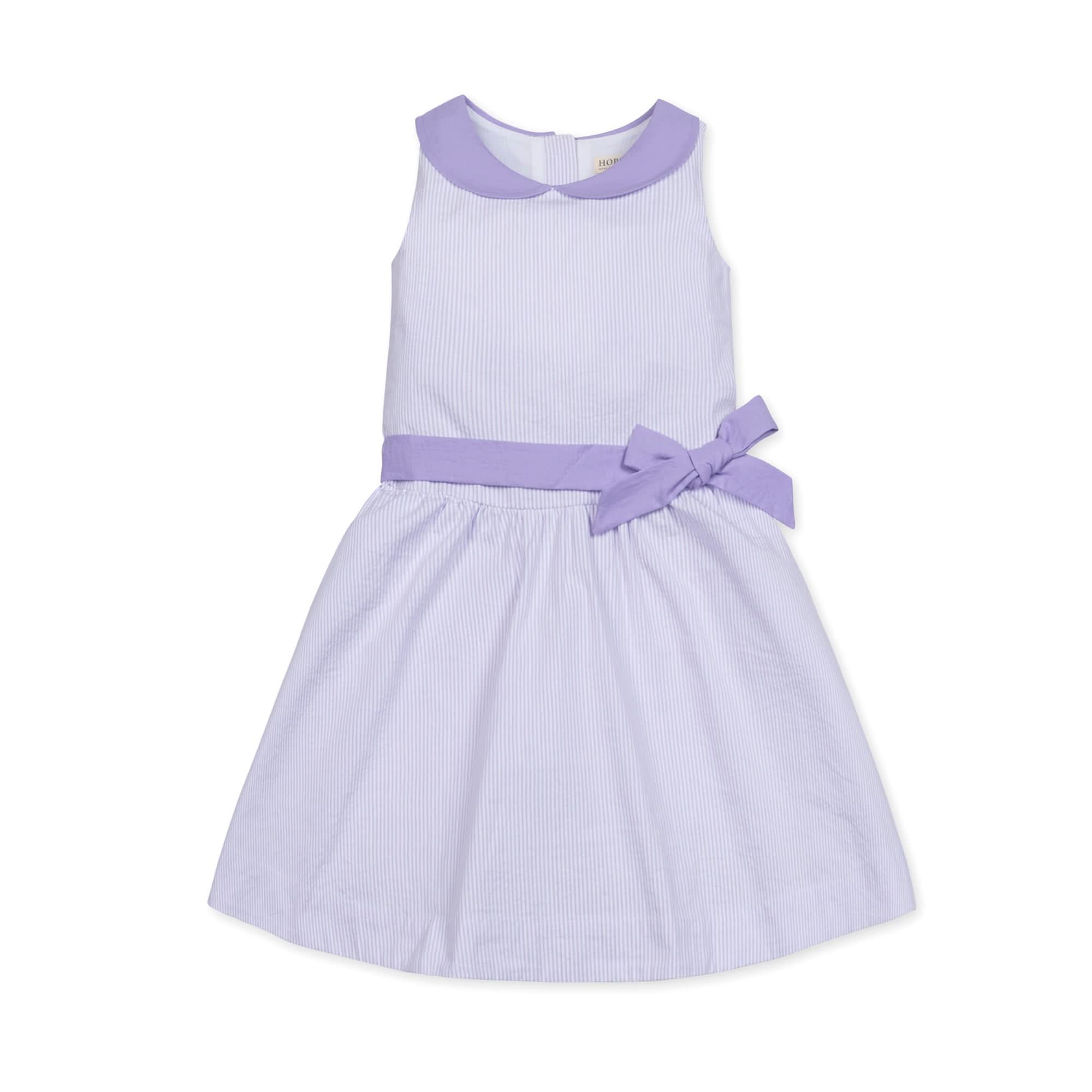 Organic Seersucker Baby Dress with Peter Pan Collar & Waist Sash – Lavender Seersucker - Triniskies