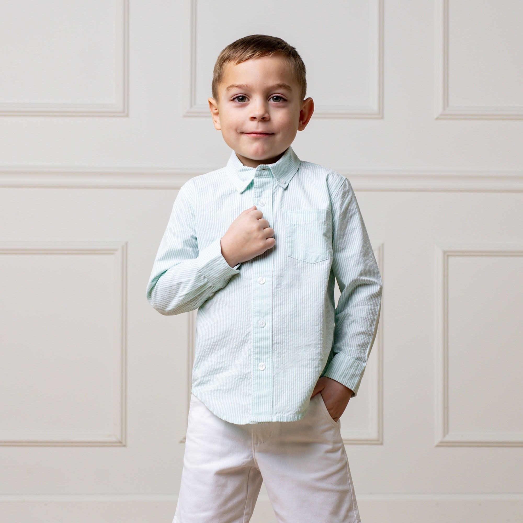 Organic Seersucker Button Down Shirt – Boys Long Sleeve Classic - Triniskies