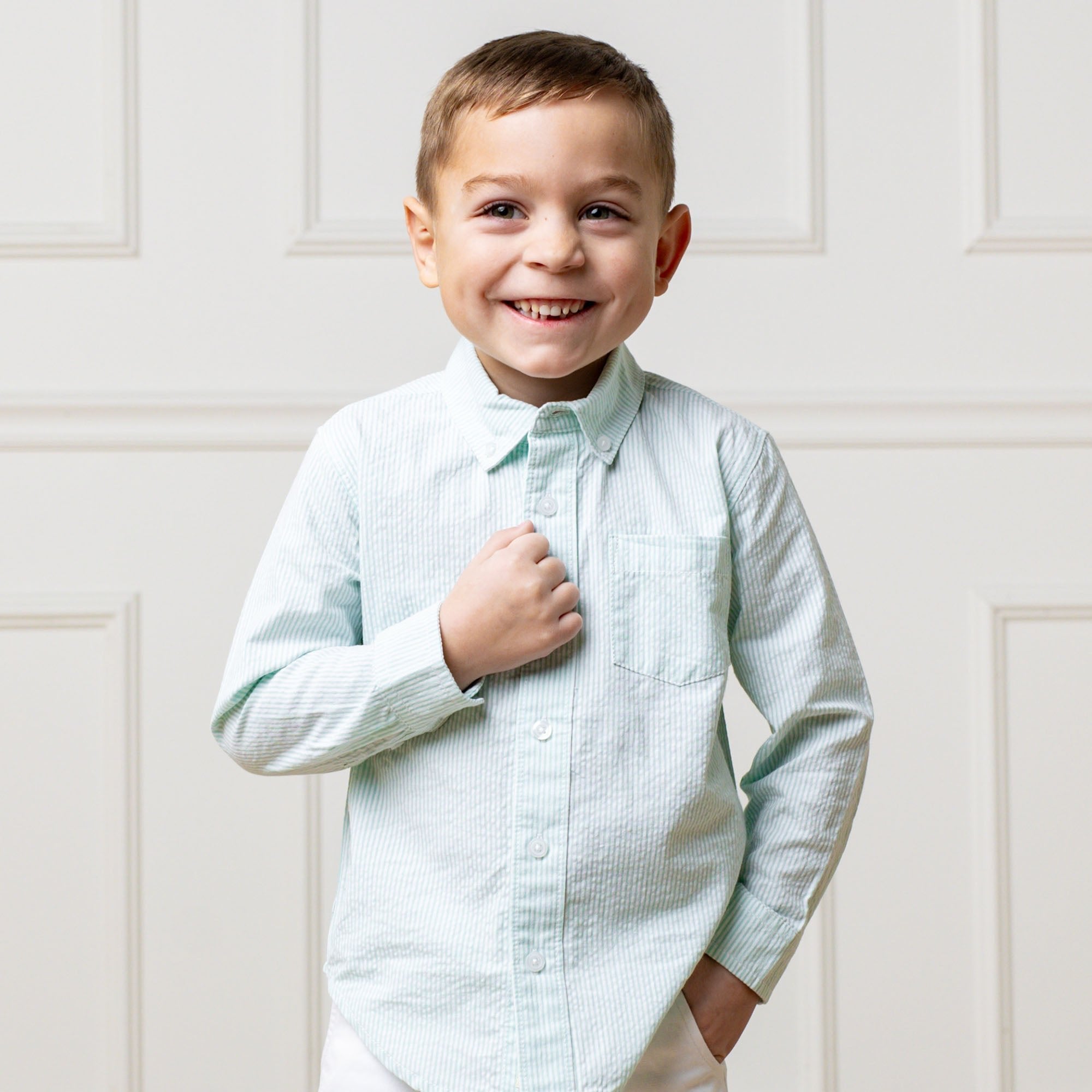 Organic Seersucker Button Down Shirt – Boys Long Sleeve Classic - Triniskies