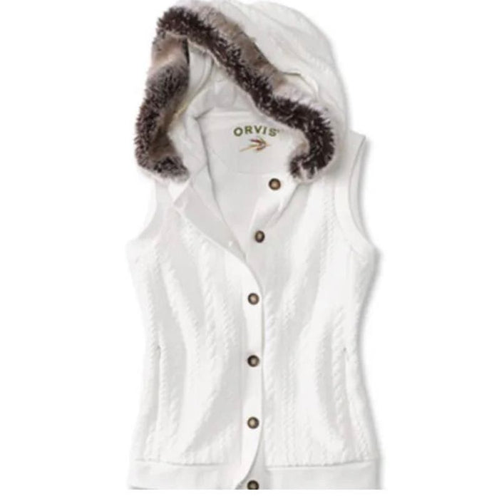 Orvis Medium / White Orvis Best-Selling Cable Knit Hooded Vest Sweater- Preowned Size Medium WC47