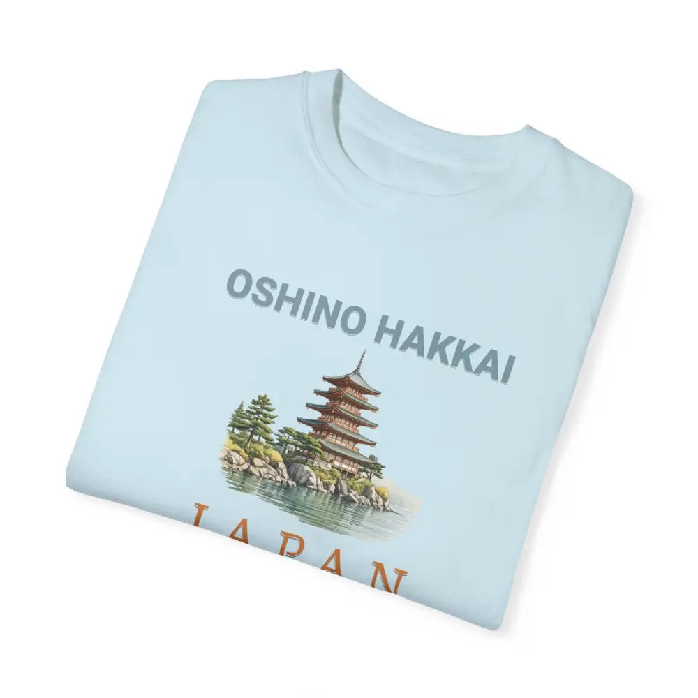 Oshino Hakkai Japan pagoda tee on model – unisex Japanese travel t-shirt Comfort Colors
