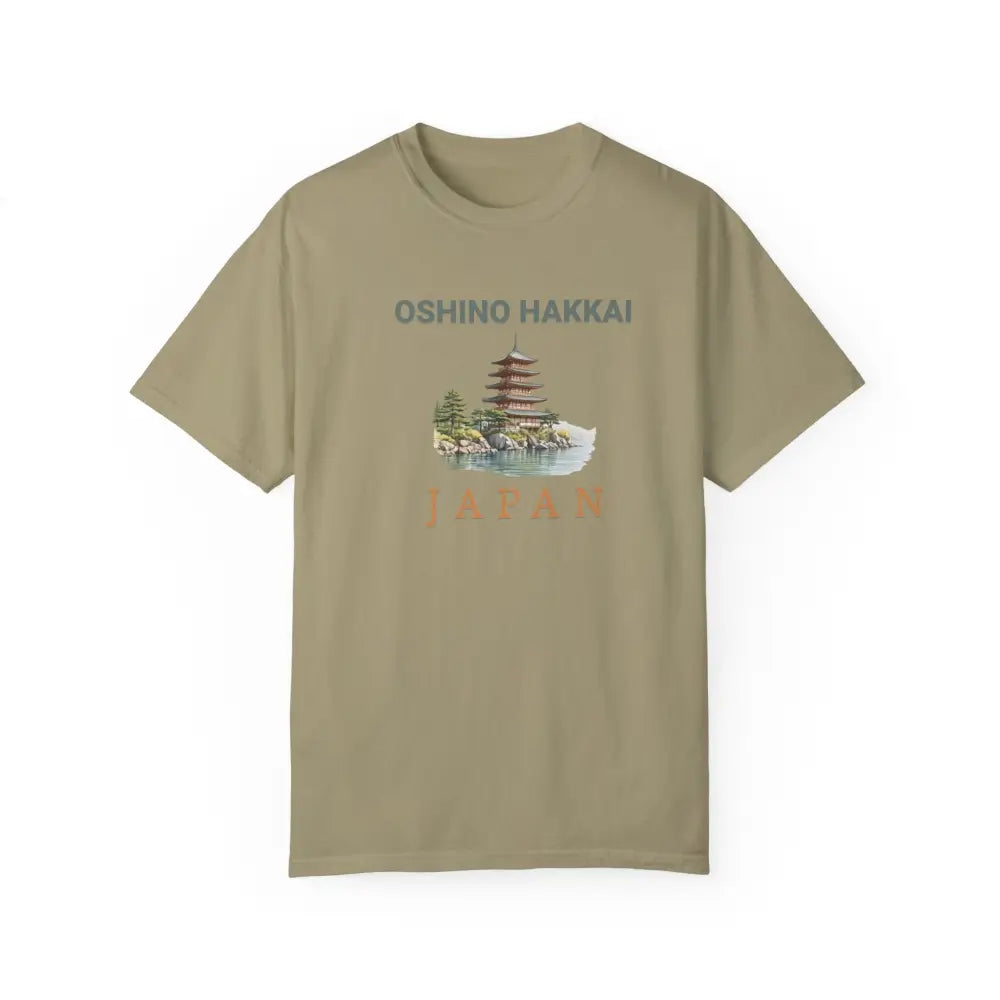 Khaki Oshino Hakkai Japan pagoda tee – unisex Japanese culture souvenir shirt