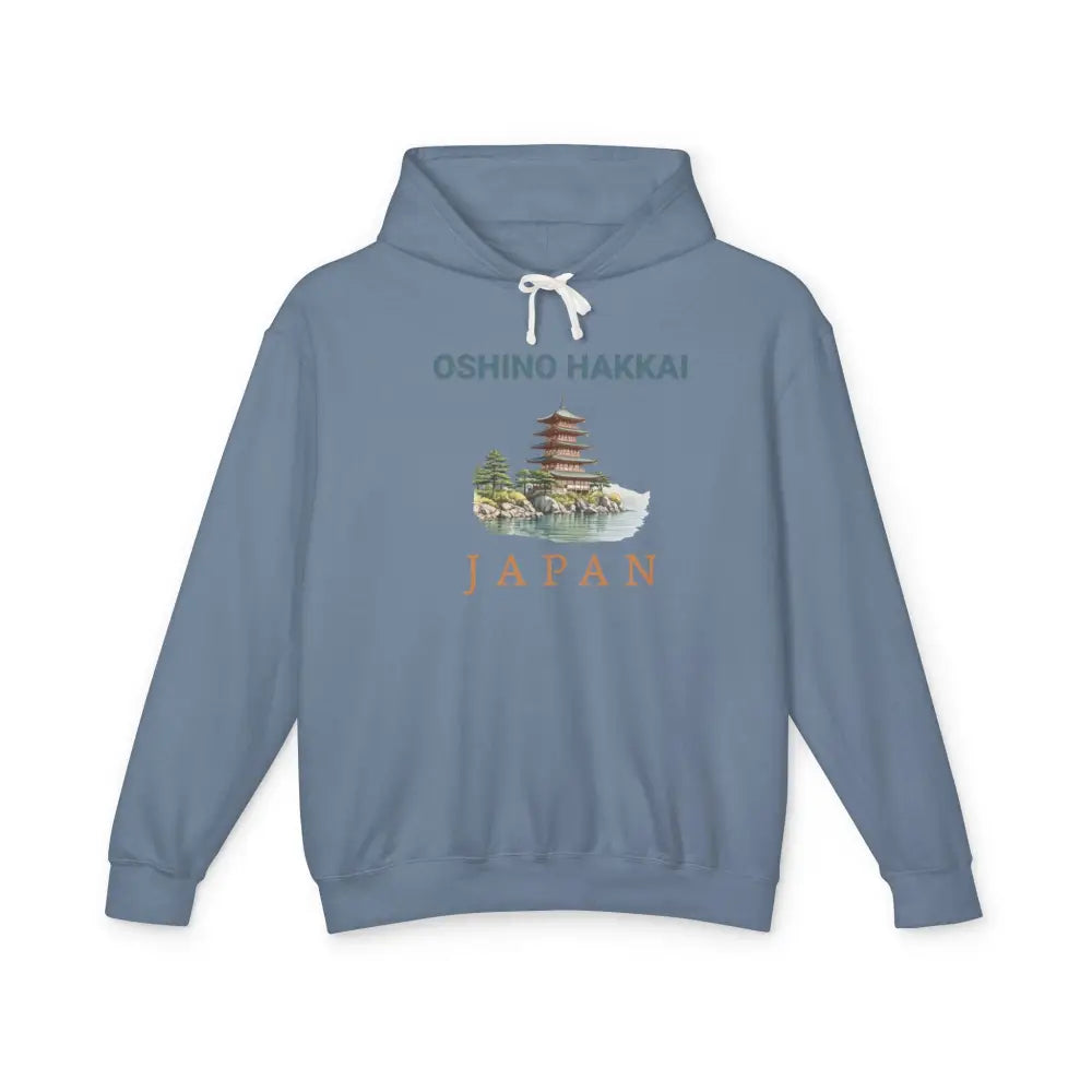 Oshino Hakkai Japan pagoda graphic on blue hoodie
