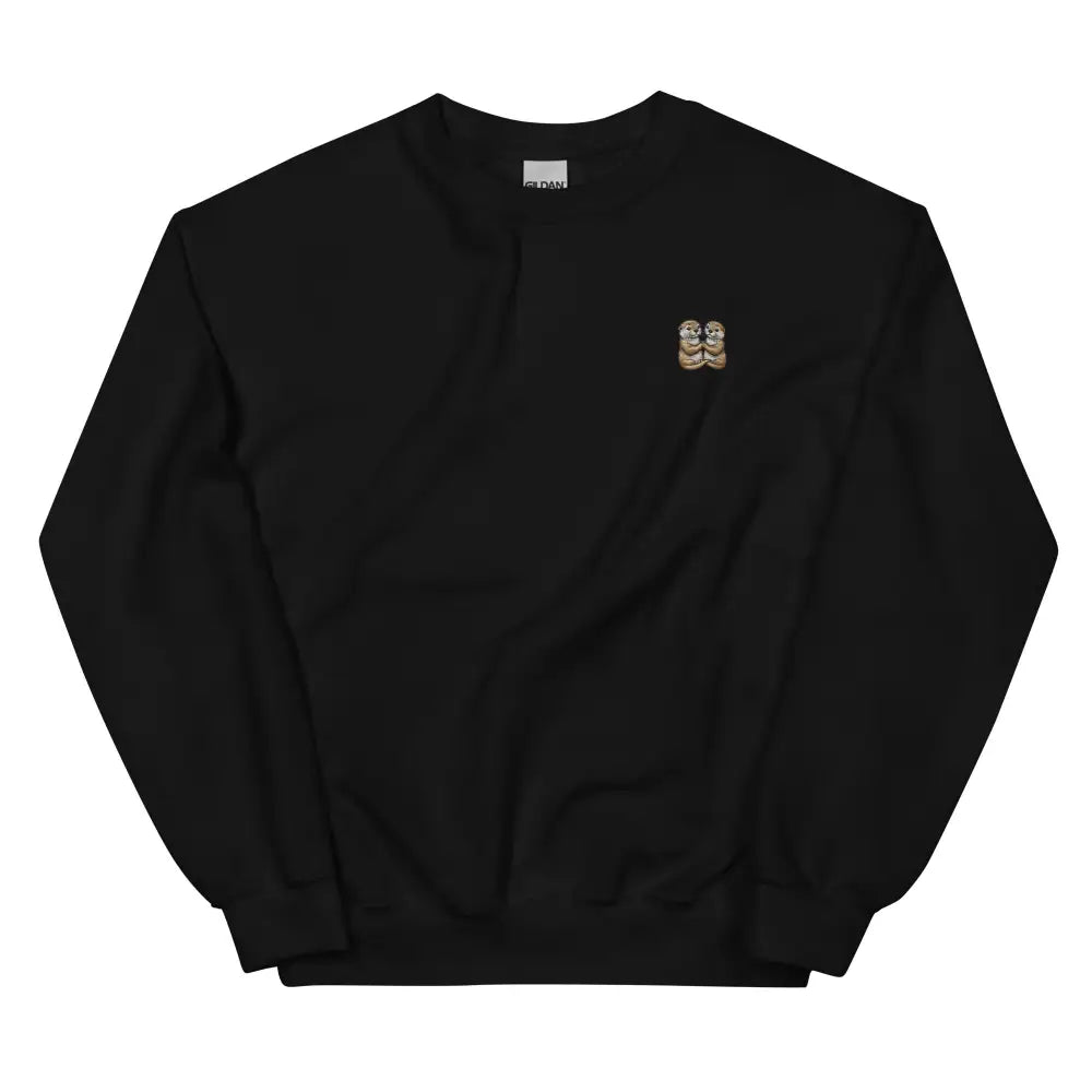 Otter couple embroidered black long-sleeved crewneck sweatshirt