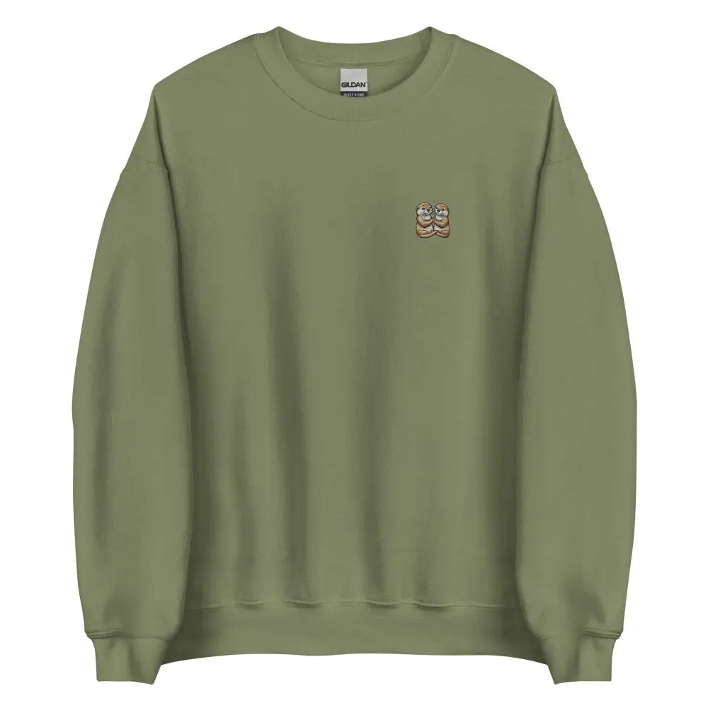 Olive green otter couple embroidered crewneck sweatshirt