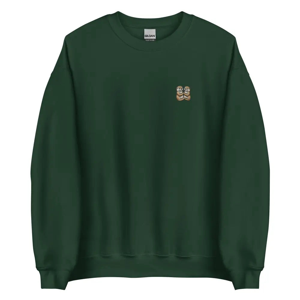 Green Otter Couple Embroidered Crewneck Sweatshirt with Cartoon Design