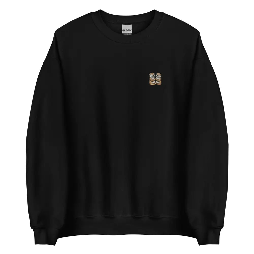 Otter couple embroidered black crewneck sweatshirt with cartoon chest design