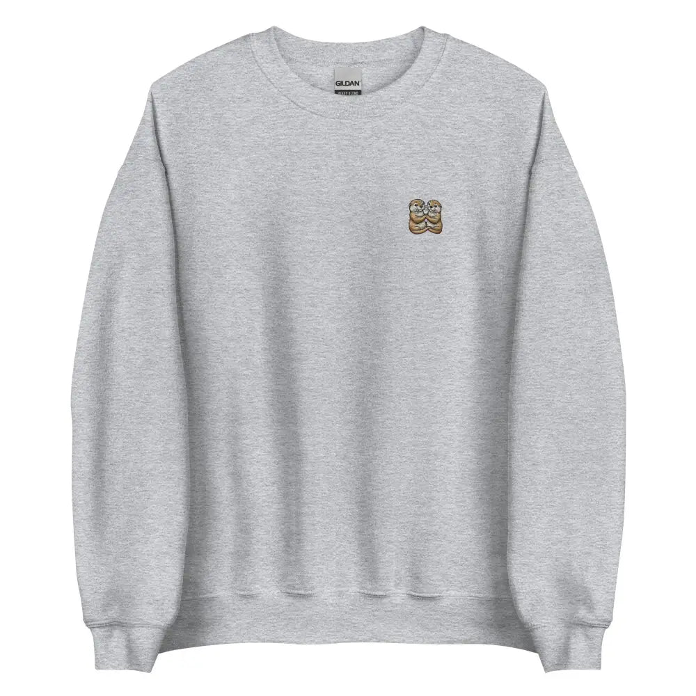 Heather gray crewneck with otter couple embroidered flip-flops