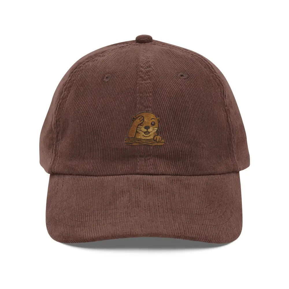 Charming otter peeking on cozy embroidered corduroy baseball cap
