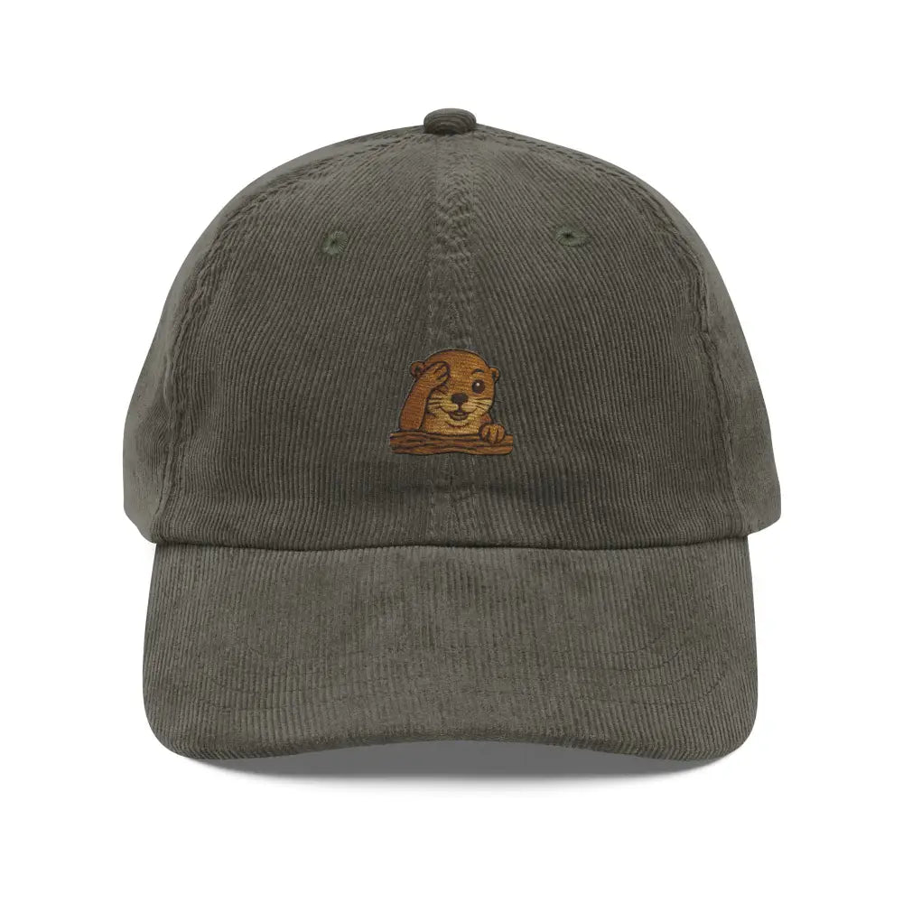 Charming otter peeking on navy embroidered corduroy cap
