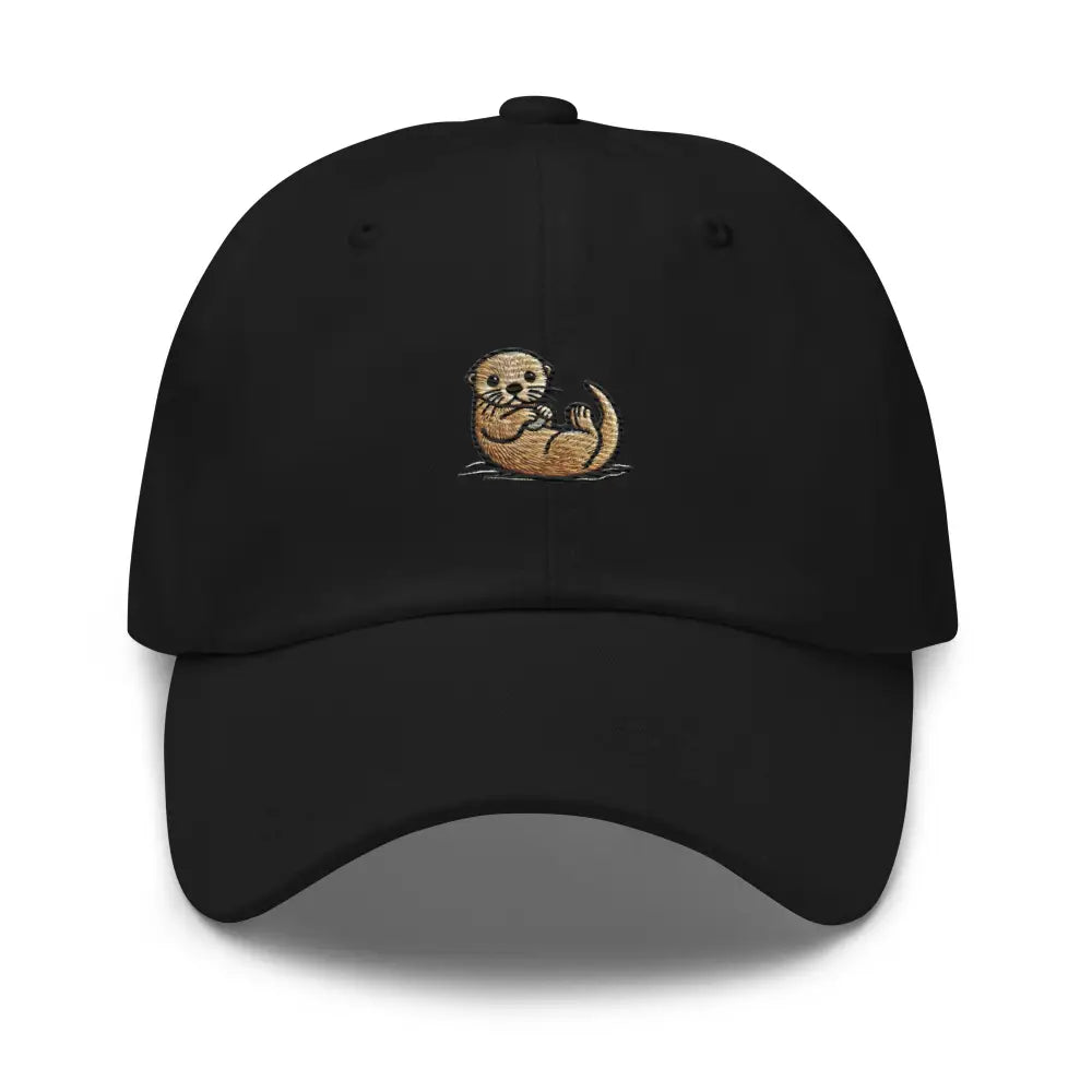 Black cotton twill otter hat embroidered with vintage otter design