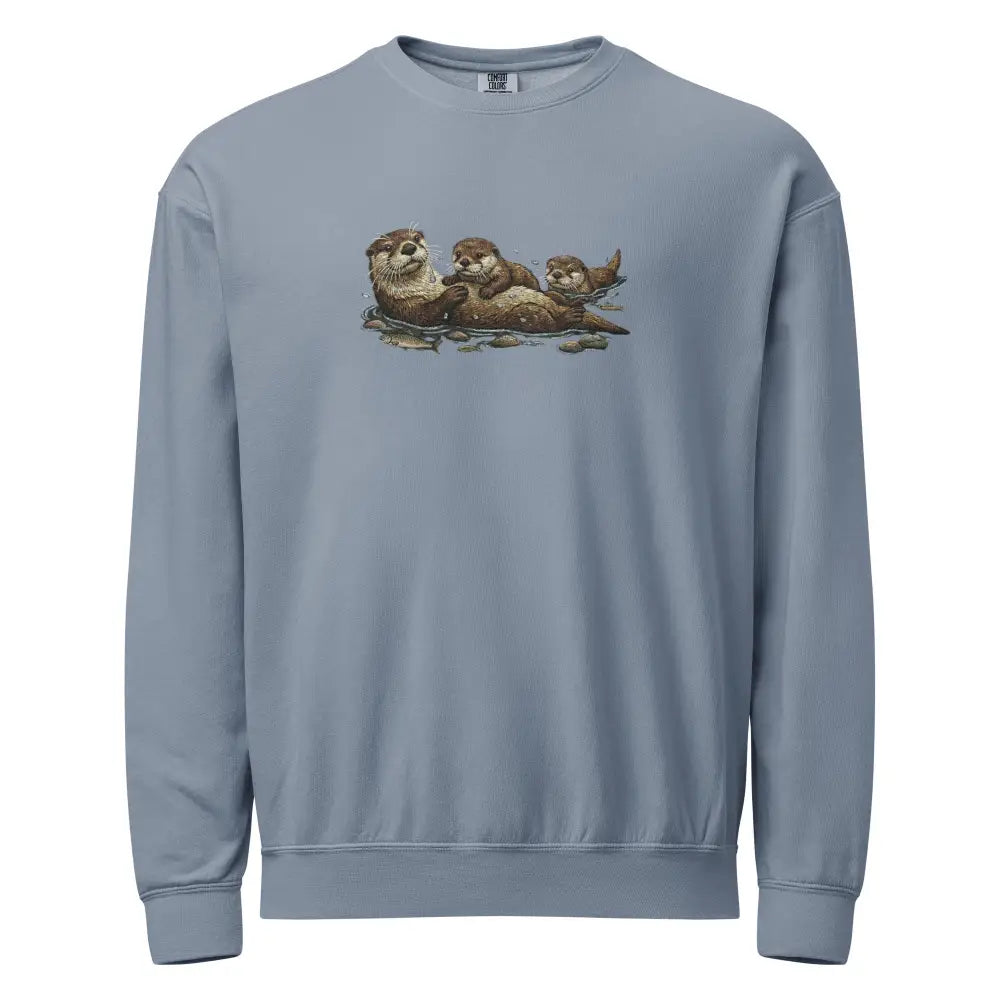 Cozy wildlife animal family crewneck: blue otter sweatshirt with two otters swimming graphic