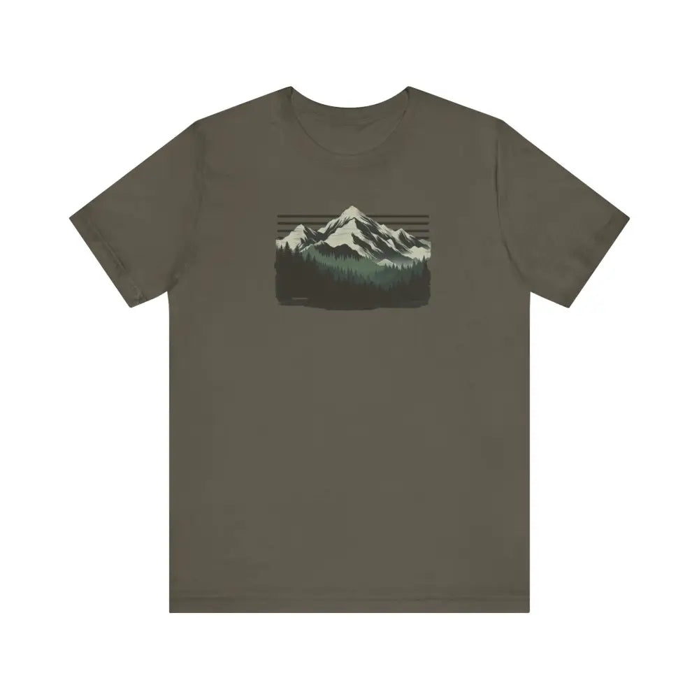 Dark olive green Outdoors Mountain Peaks unisex jersey tee with forest graphic