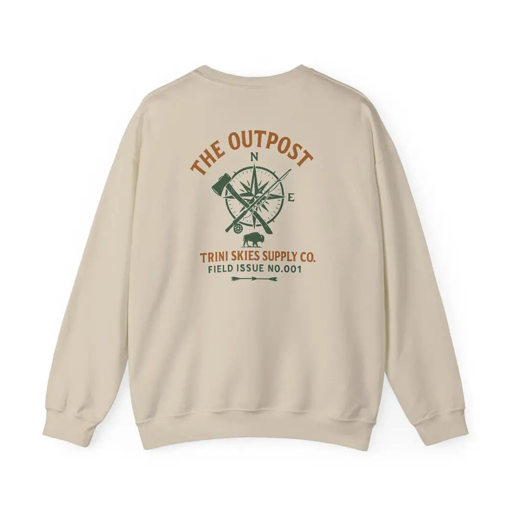 Outpost Scout Vintage Bison Lodge crewneck sweatshirt with compass graphic