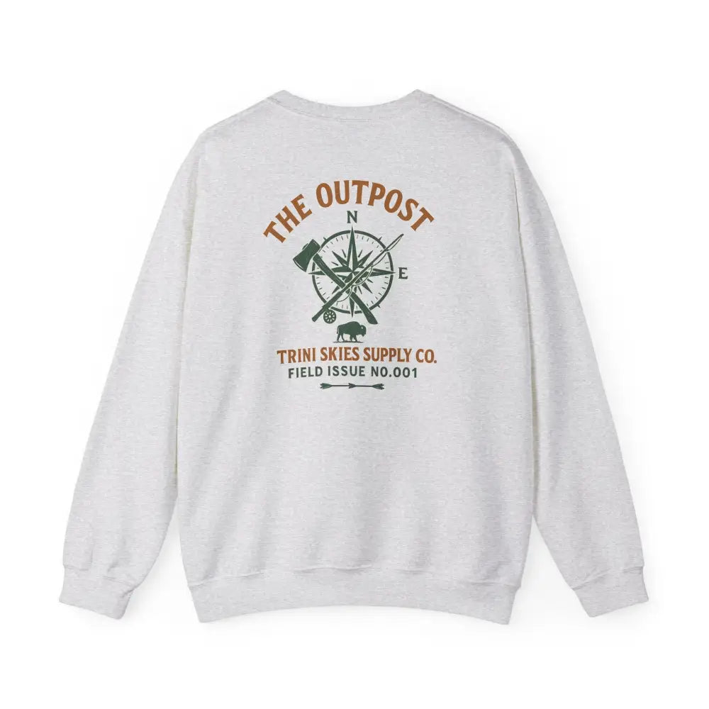 Outpost Scout vintage bison lodge crewneck sweatshirt, white long-sleeve