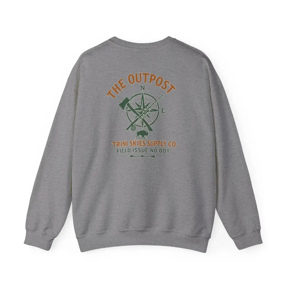 Gray Outpost Scout Bison Lodge crewneck sweatshirt with vintage graphic