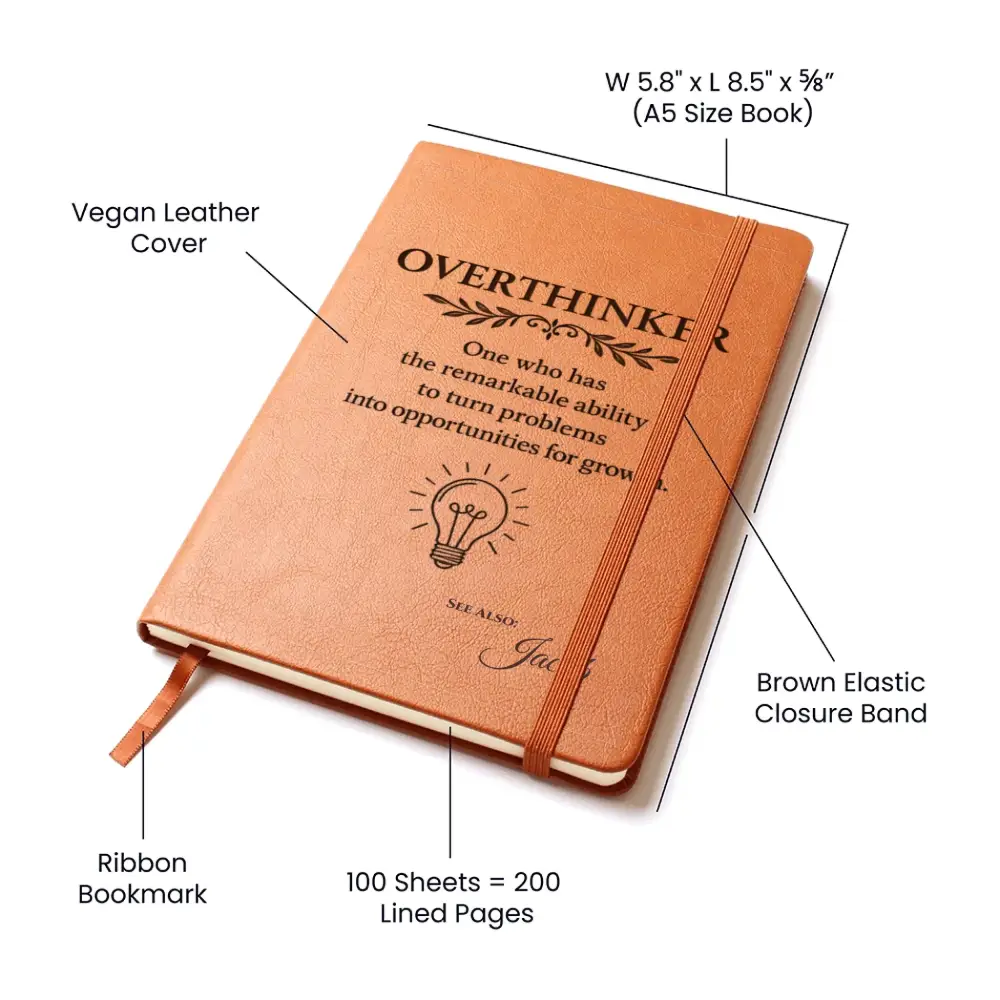 Tan vegan leather overthinker journal with brown elastic band and ribbon bookmark