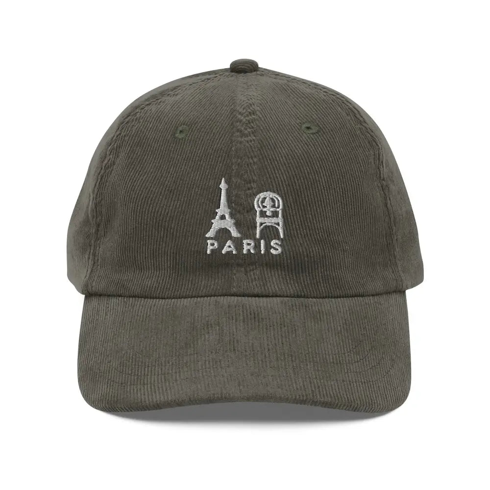 Dark olive green corduroy Paris Eiffel Tower embroidered old-school cap