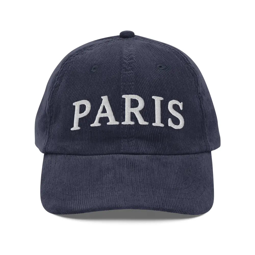 Navy blue vintage corduroy cap with Paris embroidered design
