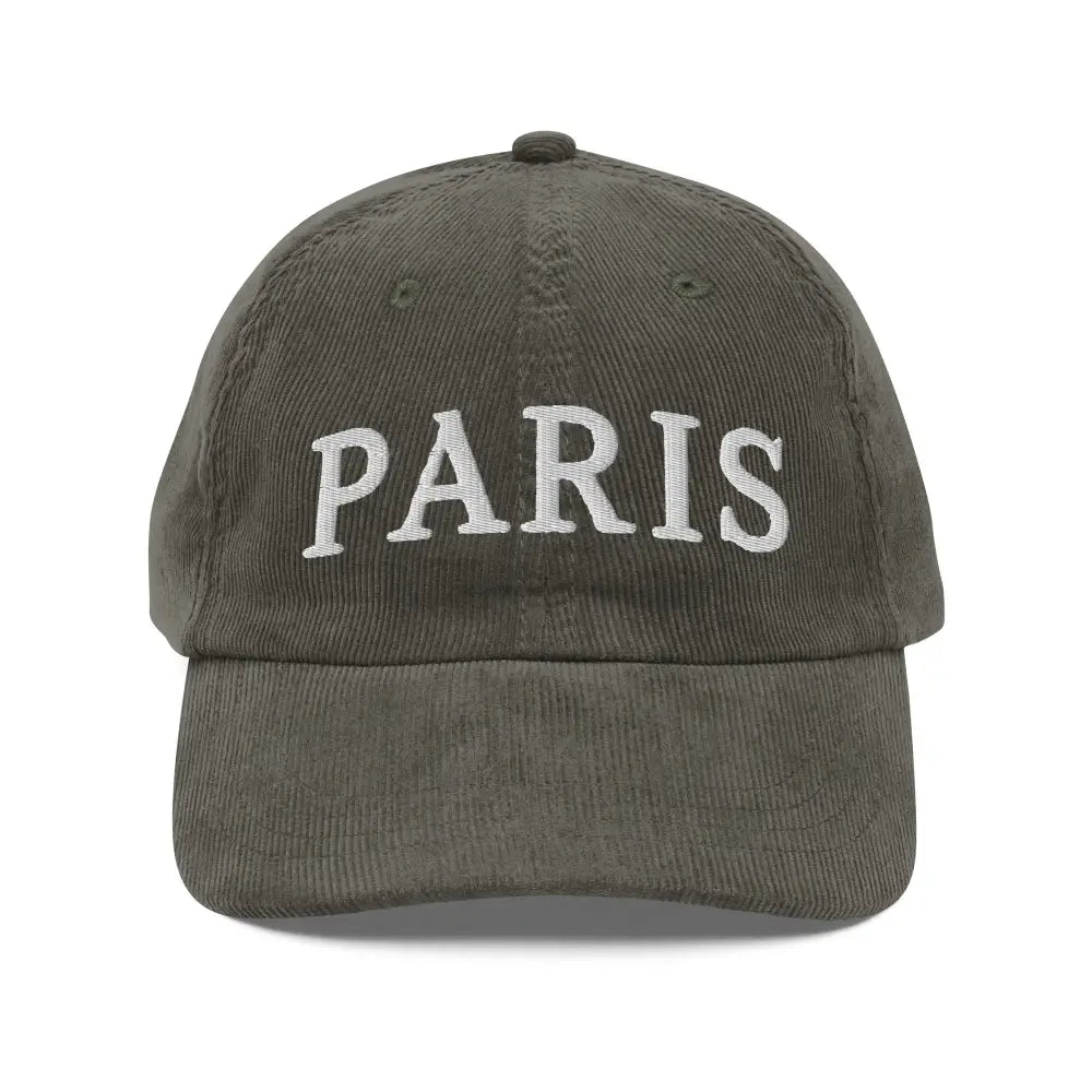 Paris embroidered adjustable vintage corduroy cap in olive green