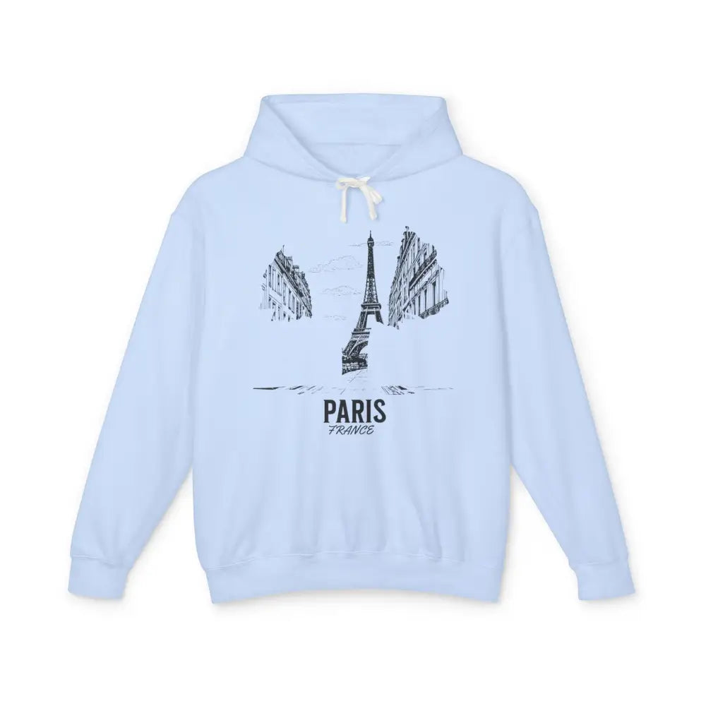Paris France hoodie with light blue Eiffel Tower sketch