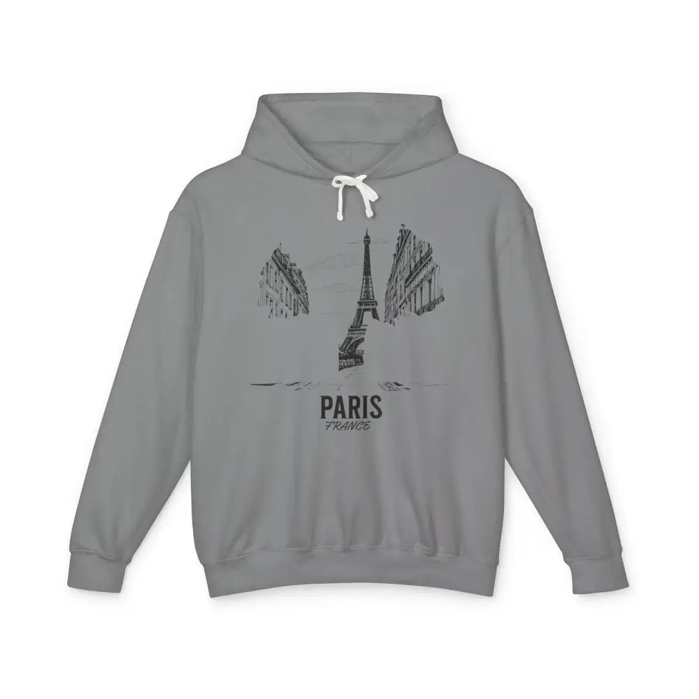 Paris France hoodie with gray hooded sweatshirt and black Eiffel Tower sketch