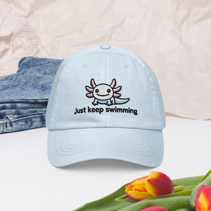 Embroidered "Axolotl Just Keep Swimming" Pastel Baseball Hat, Low Profile Cotton Cap Great Gift Idea