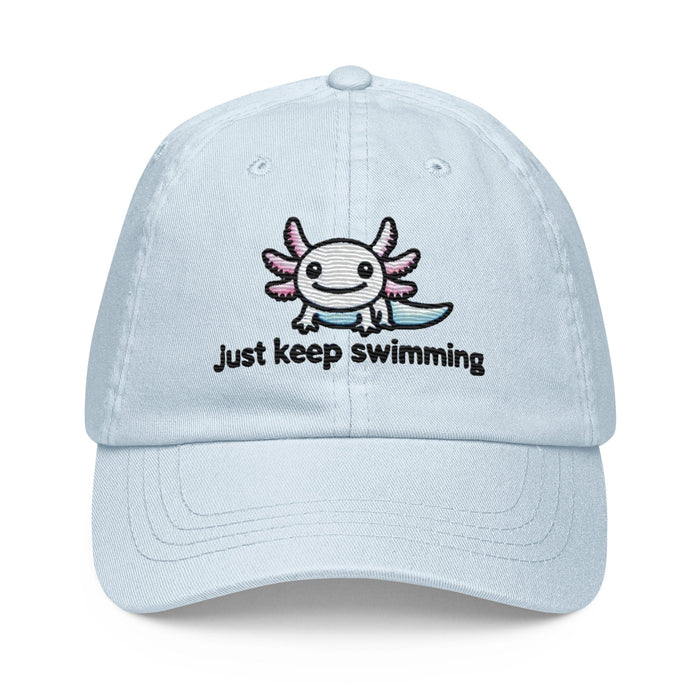 Embroidered "Axolotl Just Keep Swimming" Pastel Baseball Hat, Low Profile Cotton Cap Great Gift Idea