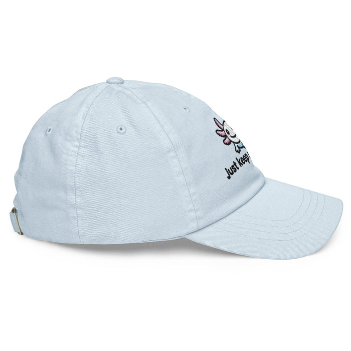 Embroidered "Axolotl Just Keep Swimming" Pastel Baseball Hat, Low Profile Cotton Cap Great Gift Idea