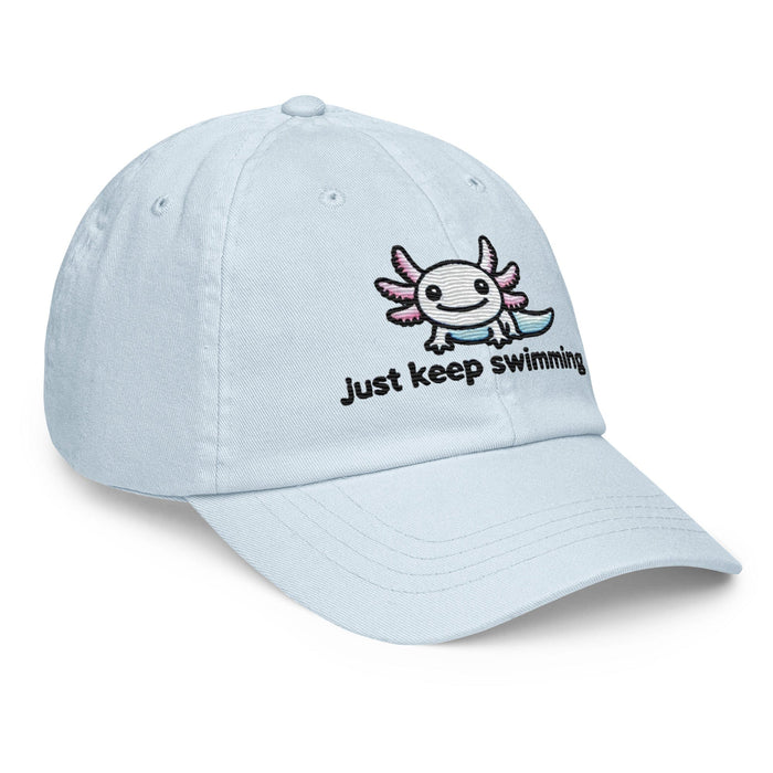 Embroidered "Axolotl Just Keep Swimming" Pastel Baseball Hat, Low Profile Cotton Cap Great Gift Idea